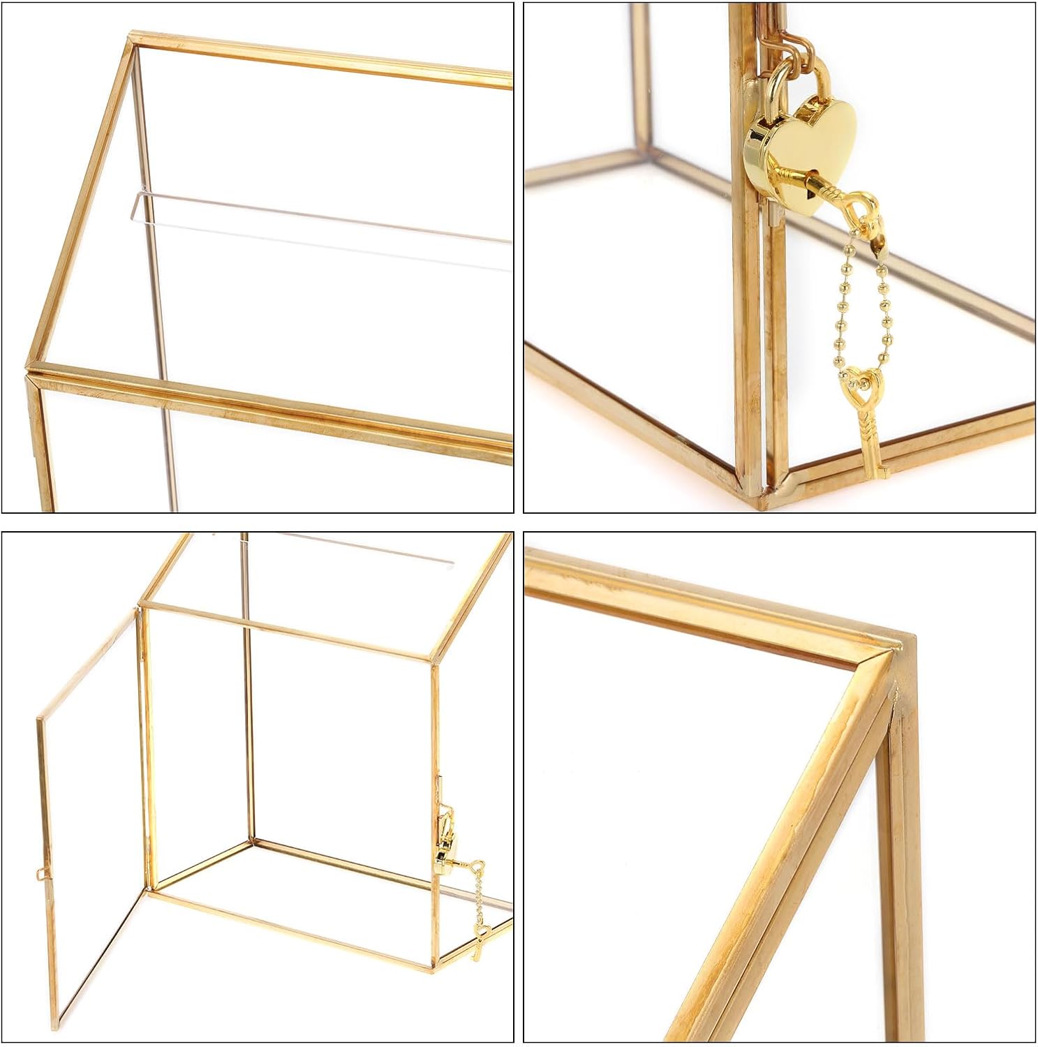 uxcell Glass Card Box Wedding Card Box with Lock for Wedding Reception, 8" x 4" x 10" Envelope Card Holder for Reception, Graduation, Gift Cards, Gold