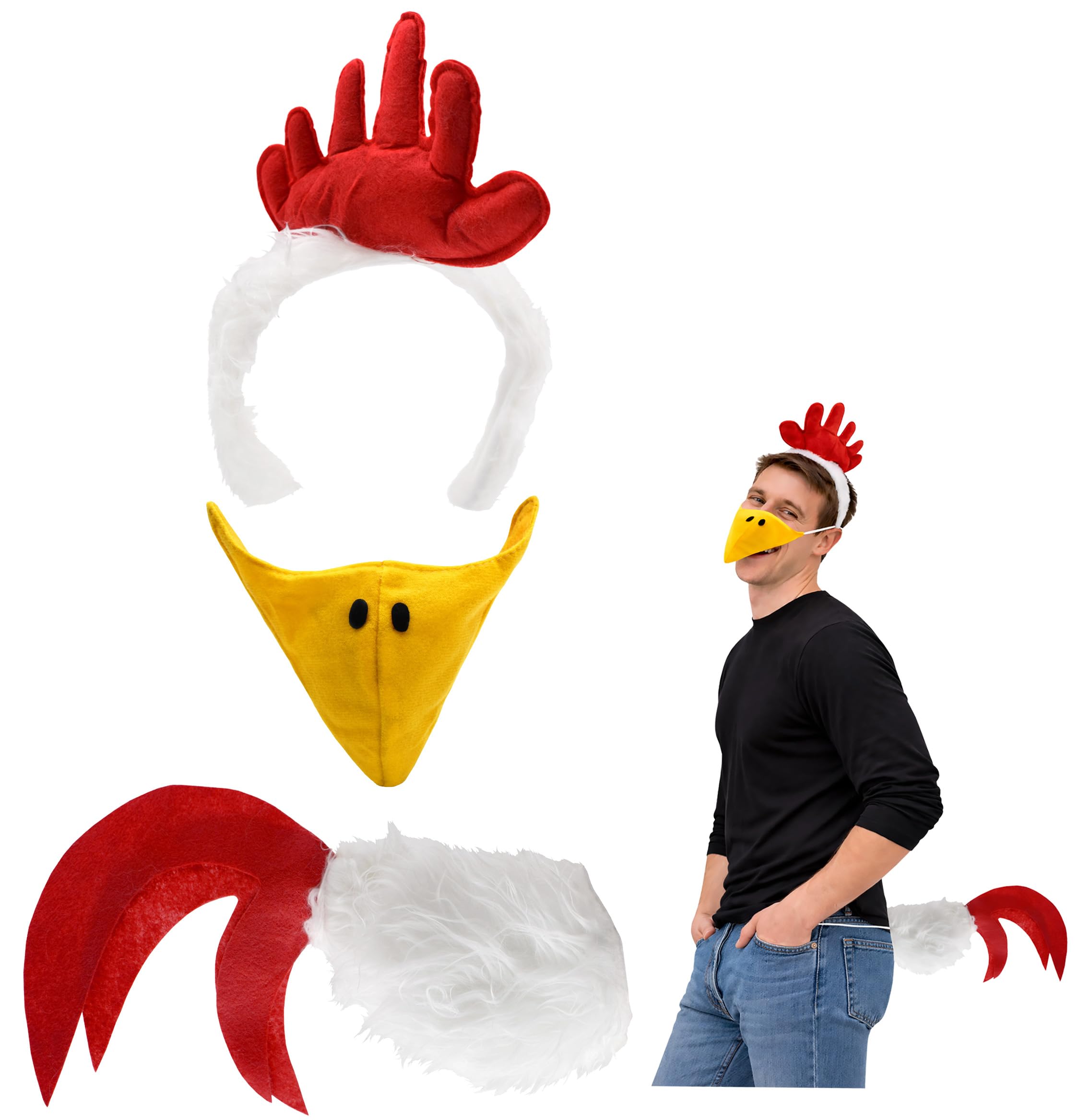 Nicky Bigs Novelties Adult White Rooster Chicken Costume Kit - Fuzzy Headband Tail Beak Nose Mask Costume Accessory Set, Multi-Color, One Size
