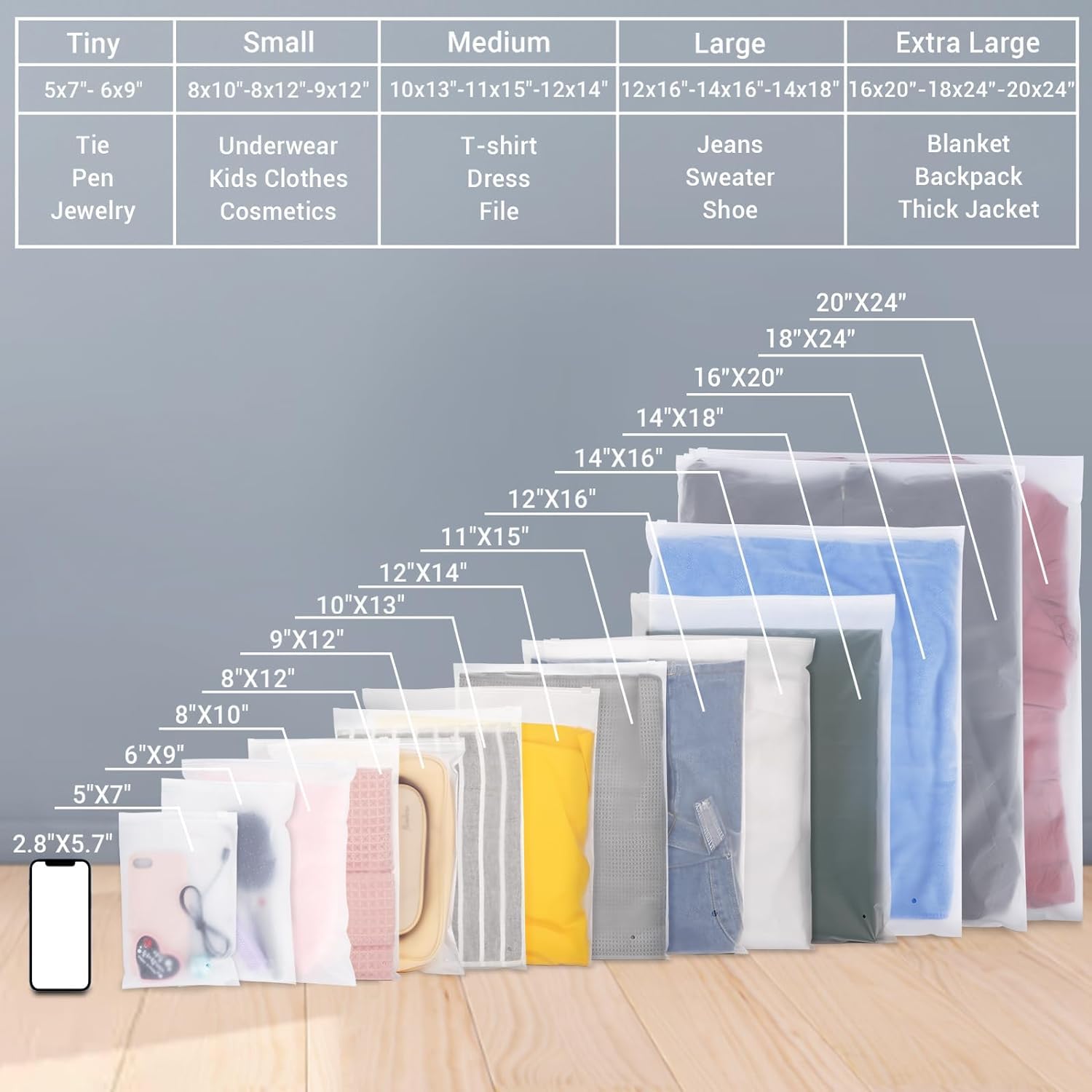 Sacchetti per imballaggio di vestiti per la spedizione, 200 sacchetti di plastica smerigliata con cerniera da 25,4 x 33 cm per abbigliamento, sacchetti di plastica trasparente per l'imballaggio