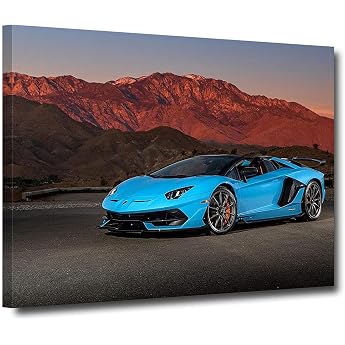 ZHONGYUTONG Lamborghini Aventador SVJ Canvas Poster Blue Speed Sports Car Picture with Frame Mountain Roads Art Print for Living Room Bedroom Home Decoration 30 x 45 cm