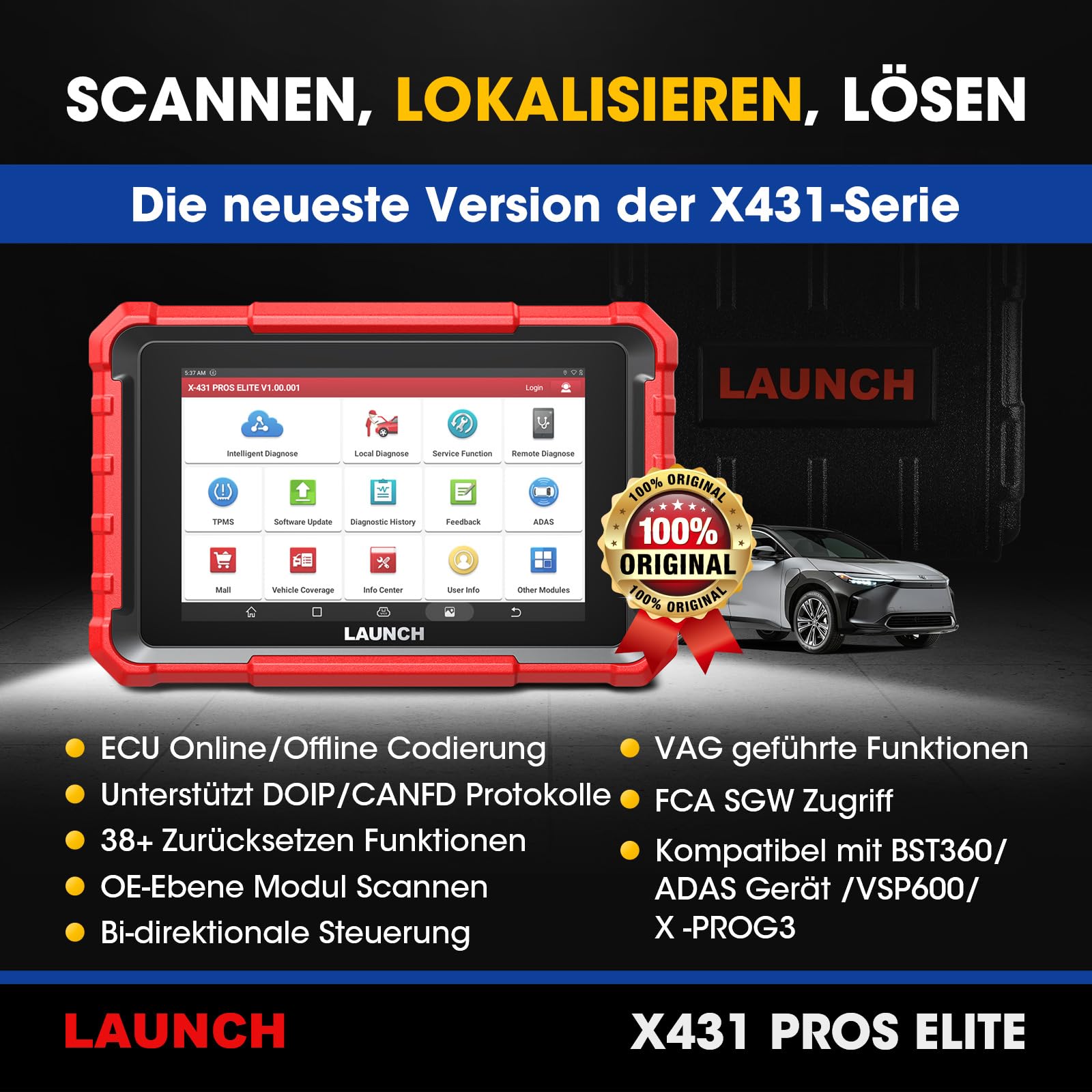 LAUNCH X431 PROS Elite OBD2 Diagnosegerät Auto, ECU-Codierung, Bidirektionales Vollsystem Diagnose Scanner, 45+ Dienst, CANFD&DOIP, FCA, Schlüsselprogramm, 2 Jahre Update