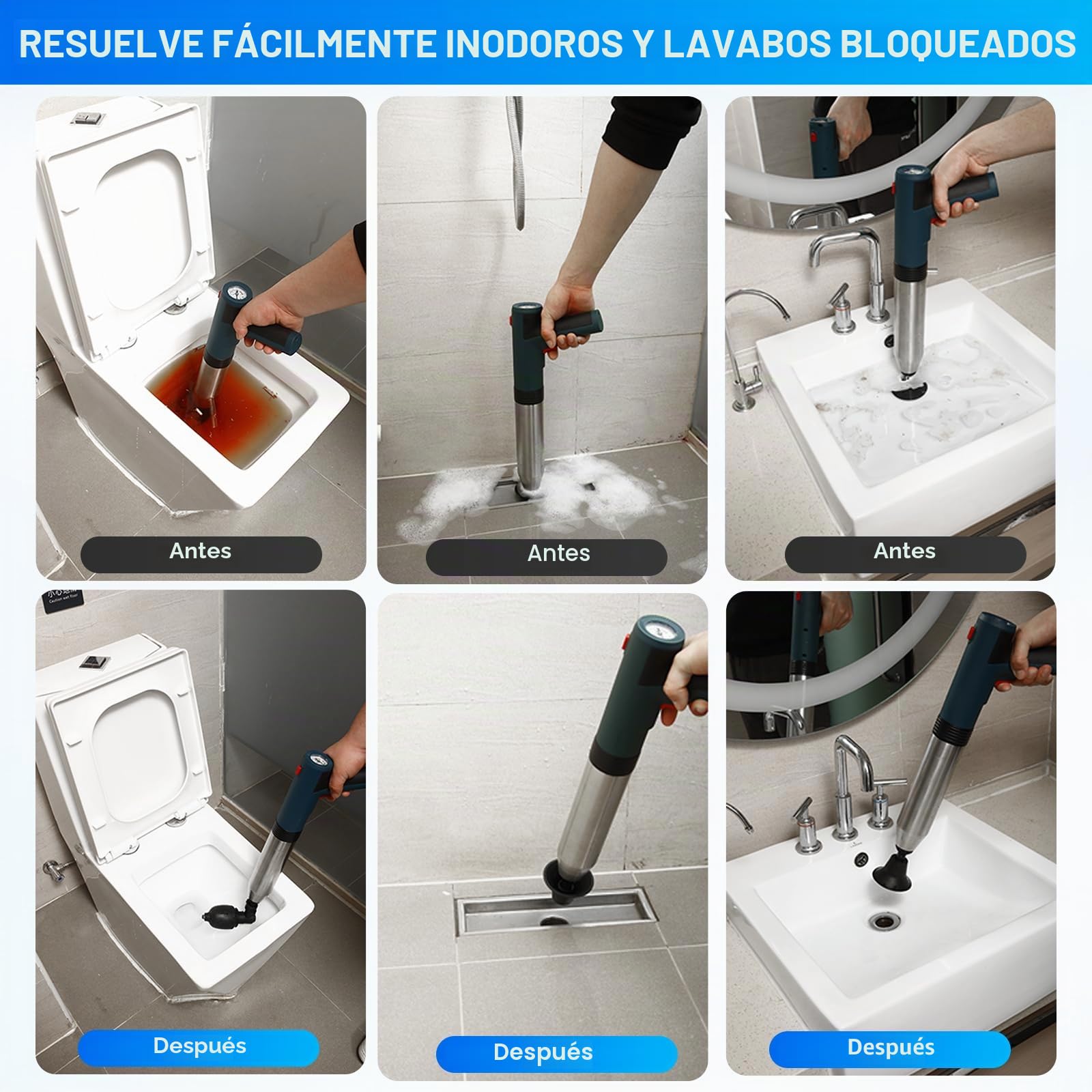 Desatascador Tuberías WC, Desatascador eléctrico, Desatascador de Tuberías de Alta Presión con Manómetro, para Inodoro, Lavabo, Fregadero, Ducha y Bañera