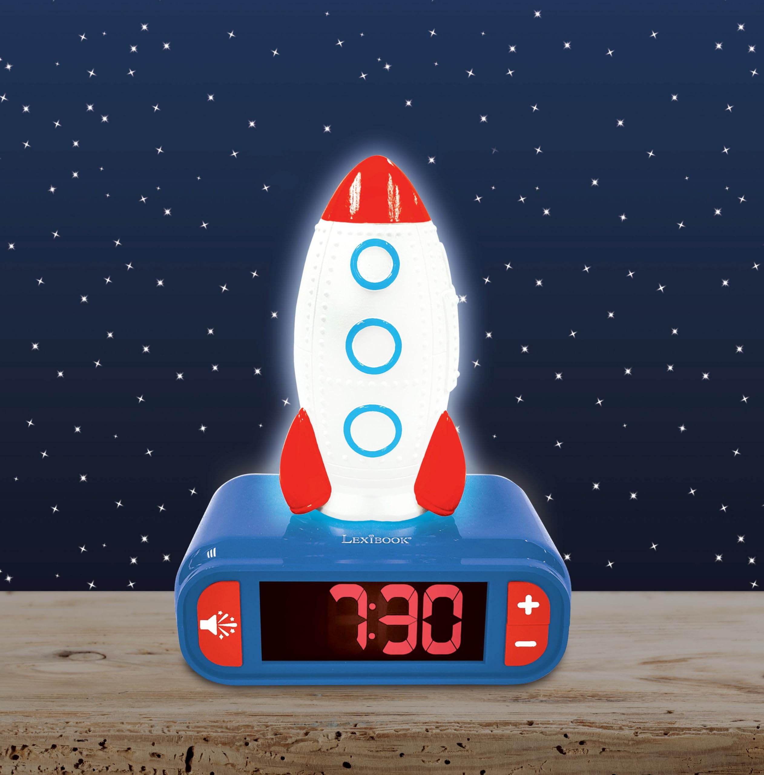 LEXIBOOK, Rocket, Nightlight alarm clock, Sounds and Melodies, LCD Backlit screen, Luminous, Snooze, Blue, RL800SPCLXB - Image 4