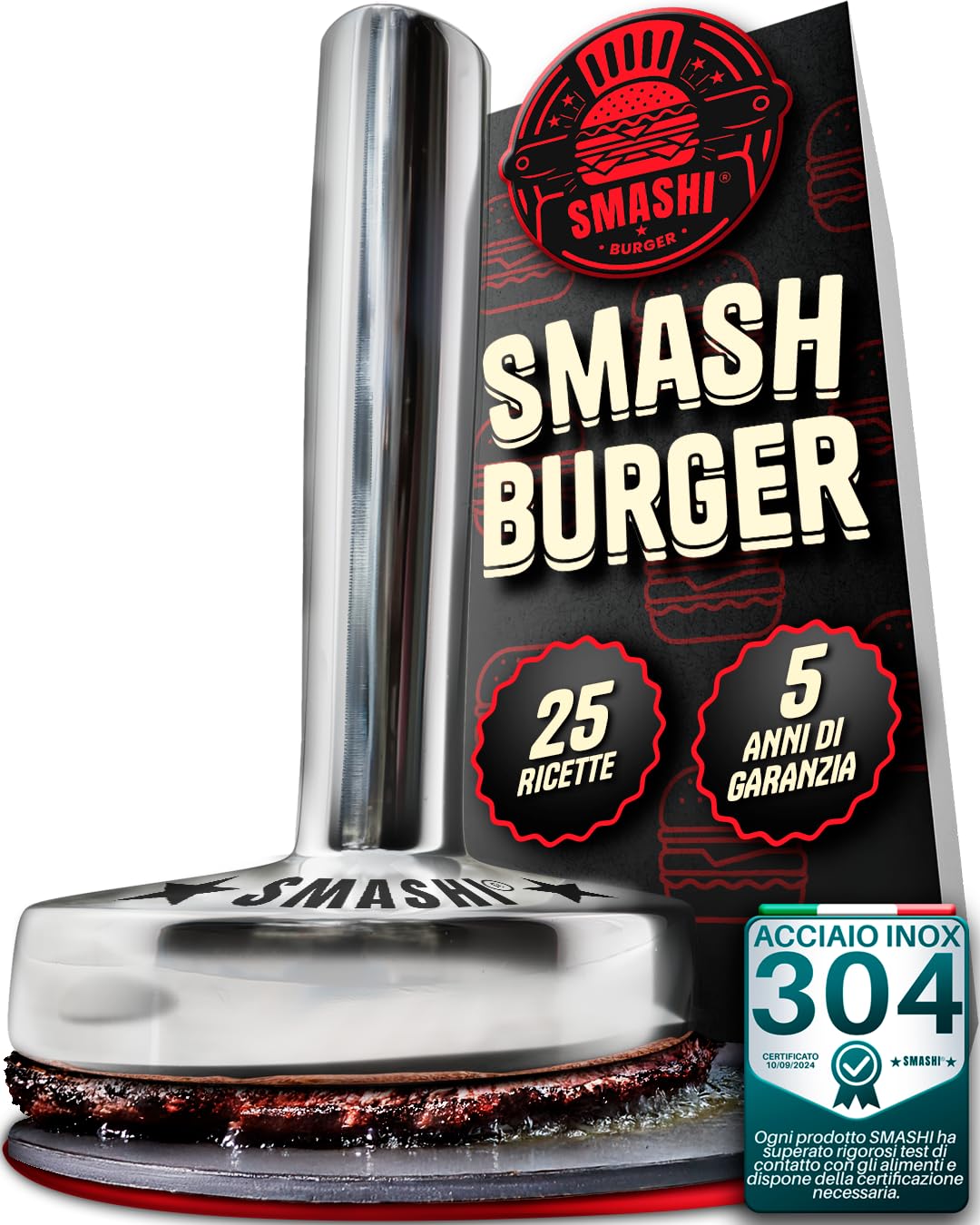 SMASHI® Pressa per Hamburger Pieghevole in Acciaio Inox 304 + 20 Fogli Antiaderenti – Smash Burger Kit Professionale – Pressa Manuale per Hamburger (Smash Burger Press Martello)