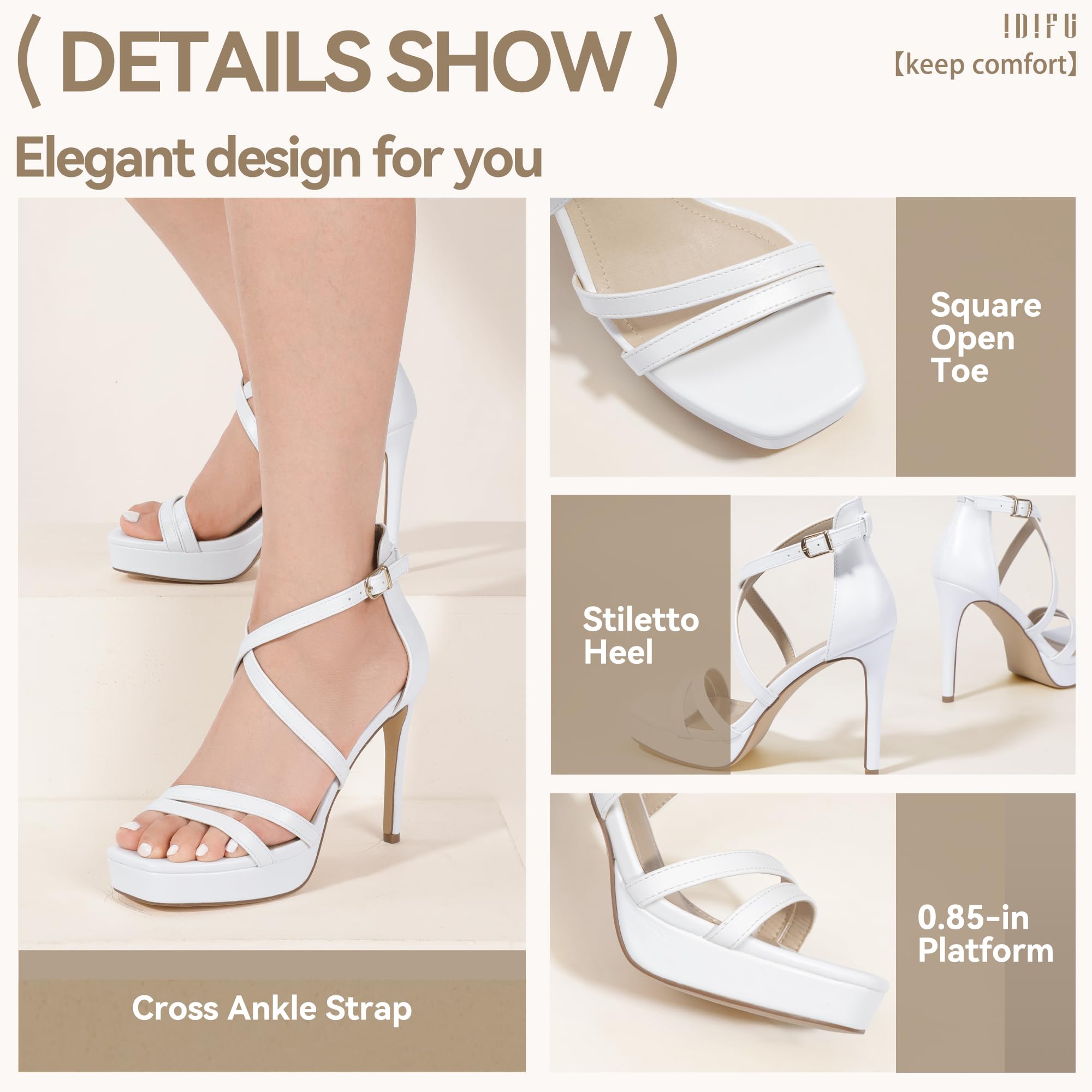 IDIFU IN4 Platform High Heels for Women Strappy Heeled Sandals Square Toe Heels Stiletto Heels Women's Wedding Party Bridal Sexy Dress Shoes Open Toe Heels: 9 White Pu