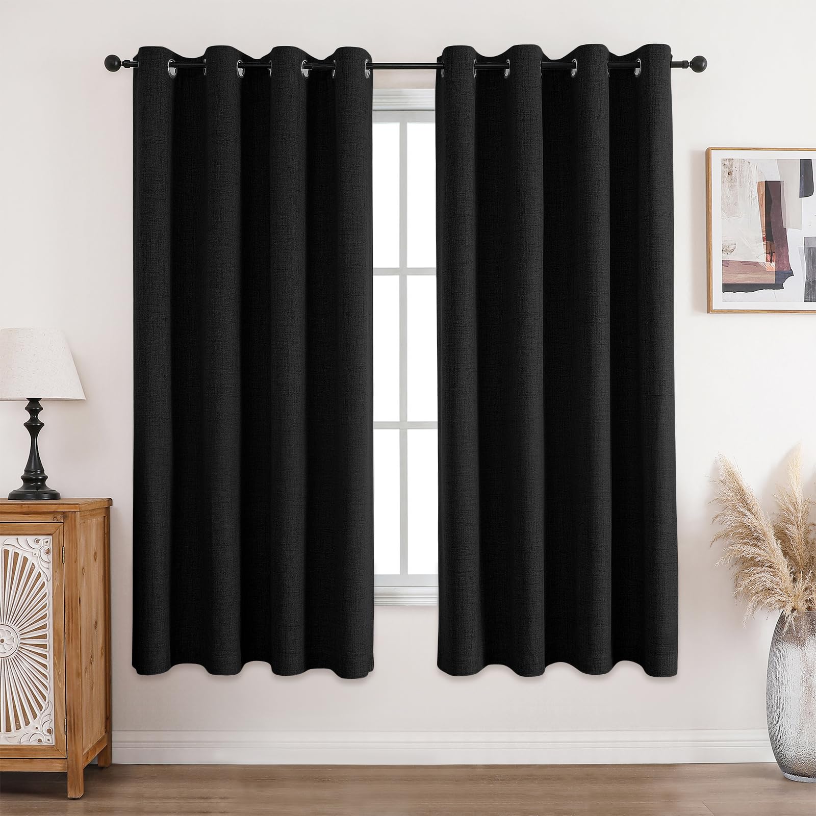 CUCRAF 100% Blackout Curtains Black 69 Inch Drop 2 Panels Soft Texture Energy Saving Sun Blocking Thermal Eyelet Curtains for Bedroom Living Room 52 X 69 Inch