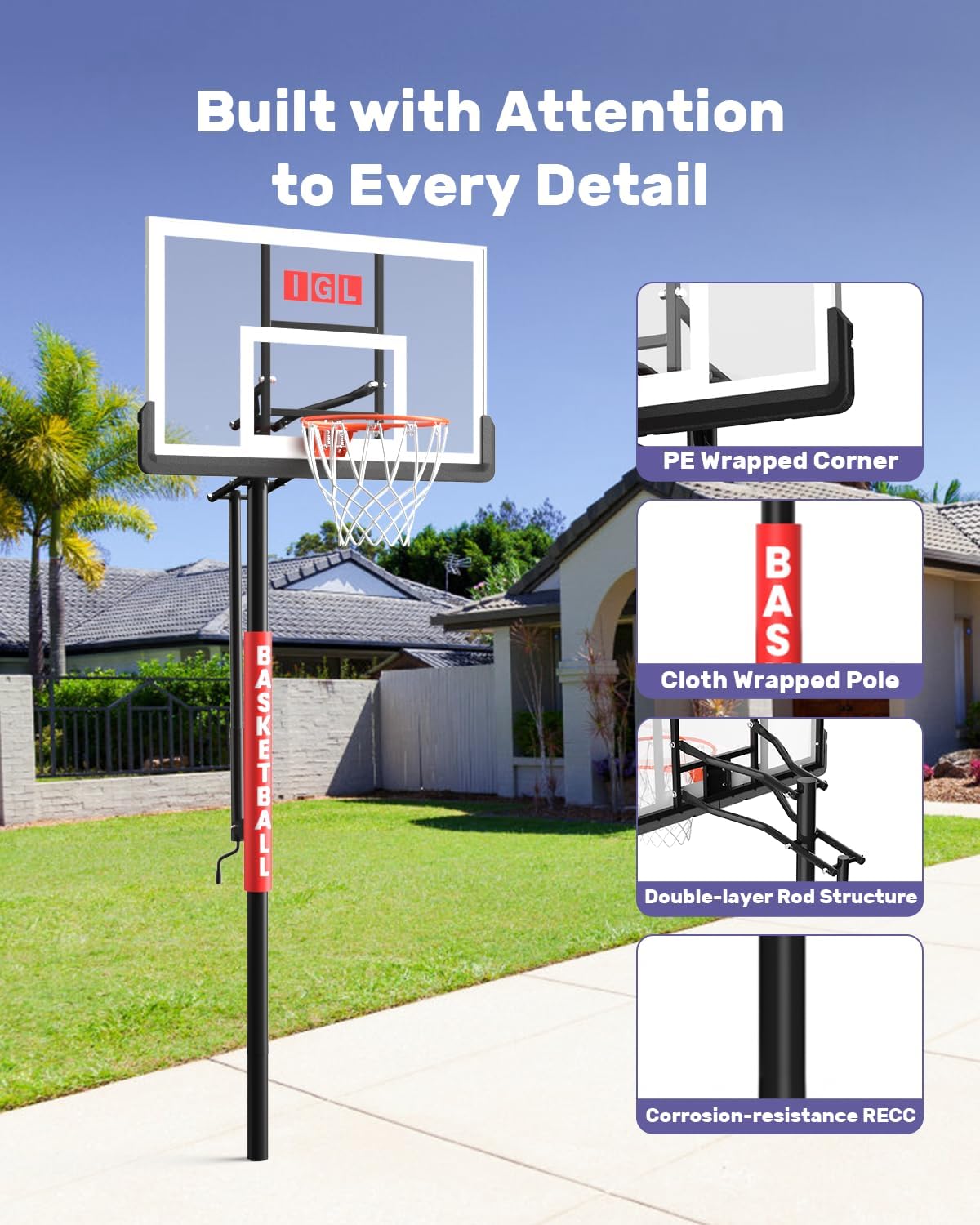 IGL In Ground Basketball Hoops Outdoor, 52-60 Inch Inground Basketball Hoop, 10ft Height Adjustable In Ground Basketball Goal with Shatterproof Backboard & 18 Inch Pro-Style Breakaway Rim