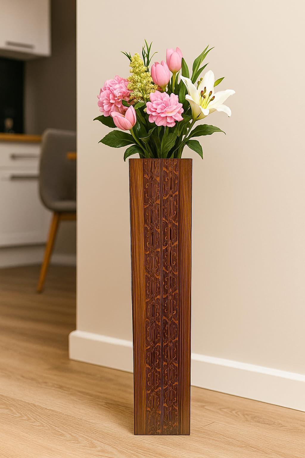 Handcrafted Wooden Floor Vase, Tall Decorative Flower Stand with Carved Pattern, 24 x 4.5 Inch, Brown Bamboo Design for Home Decor-image-43