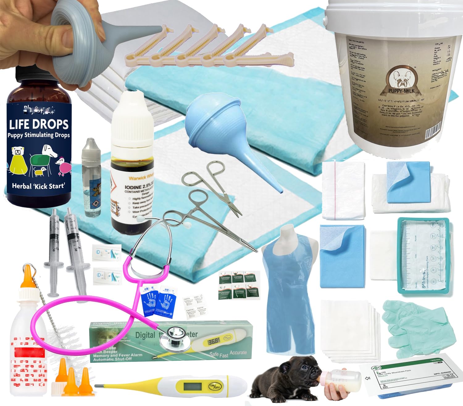 Warwick Whelping Boxes Comprehensive Deluxe Whelping Puppy Kit, Puppy Life Saver Aspirator, Puppy Milk & Bottle, Whelping Guides, Cord Clamps etc Full Kit