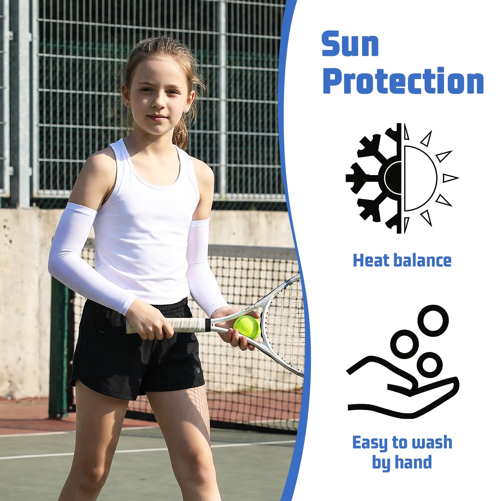 Mangas de brazo para niños, 3 pares de mangas de protección solar UV para niños y niñas, manga elástica transpirable para exteriores, para baloncesto, voleibol, béisbol, deportes (negro, blanco, azul)