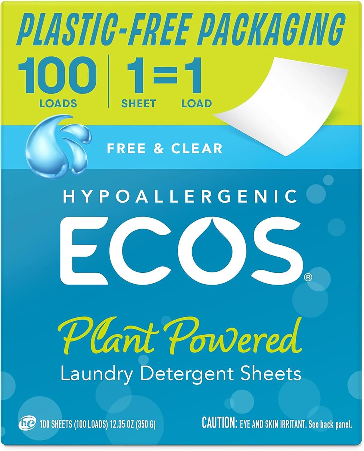 ECOS Laundry Detergent Sheets Vegan, No Plastic Jug, No Mess, Liquid Free - Hypoallergenic, Plant Powered Laundry Detergent Sheet - Free and Clear - 100 Count (Pack of 1)