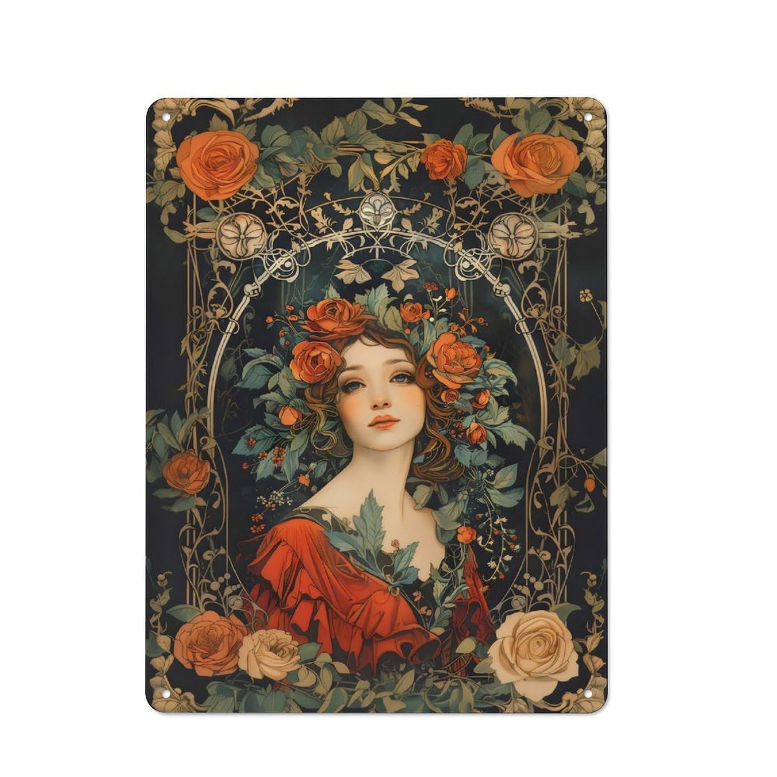 Retro Kitchen Metal Sign 40x30cm Featuring Woman With Roses, Bistro Wall Plaque for Restaurant, Kitchen, Counter Or Breakfast Nook