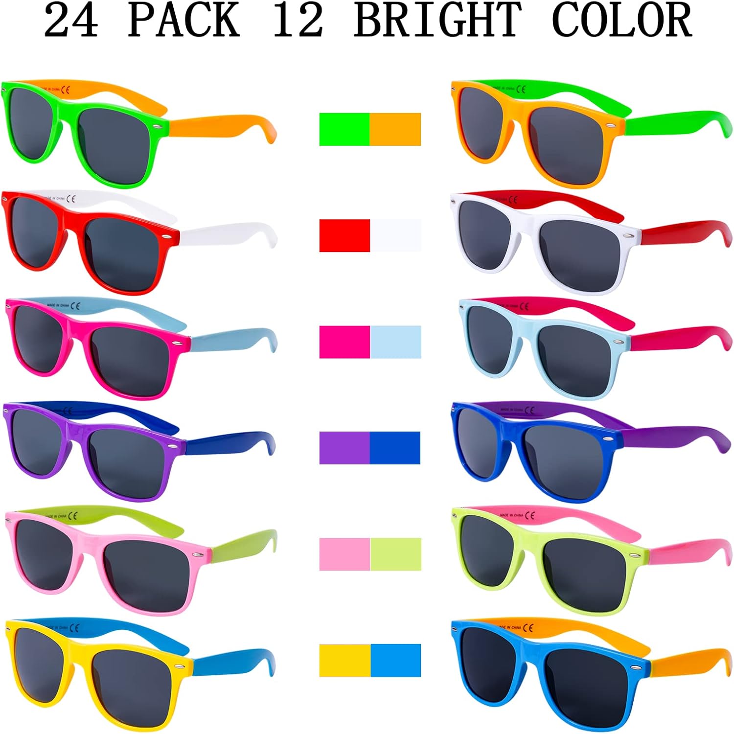 24 Pack 12 Colors Neon Sunglasses Party Favors 80’s Retro Style Sun Glasses for Beach Pool,Carnival,Party Favors,Birthday Party,Bulk Pack Sunglasses for Adults And Kids - Image 2