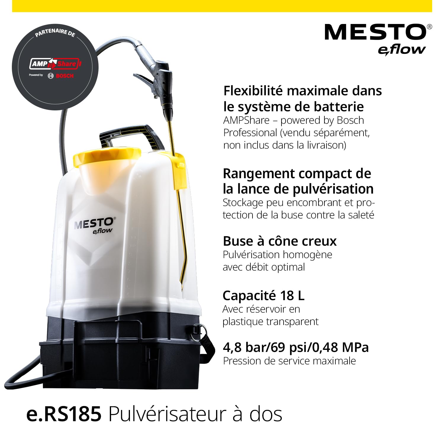 MESTO e.RS185 Pulvérisateur à Batterie à Dos 18 L | Pulverisateur Electrique Puissant 4,8 Bar | Pulverisateur de Jardin a Dos électrique pour désherbage et Plantes - Compatible Bosch AMPShare 18 V