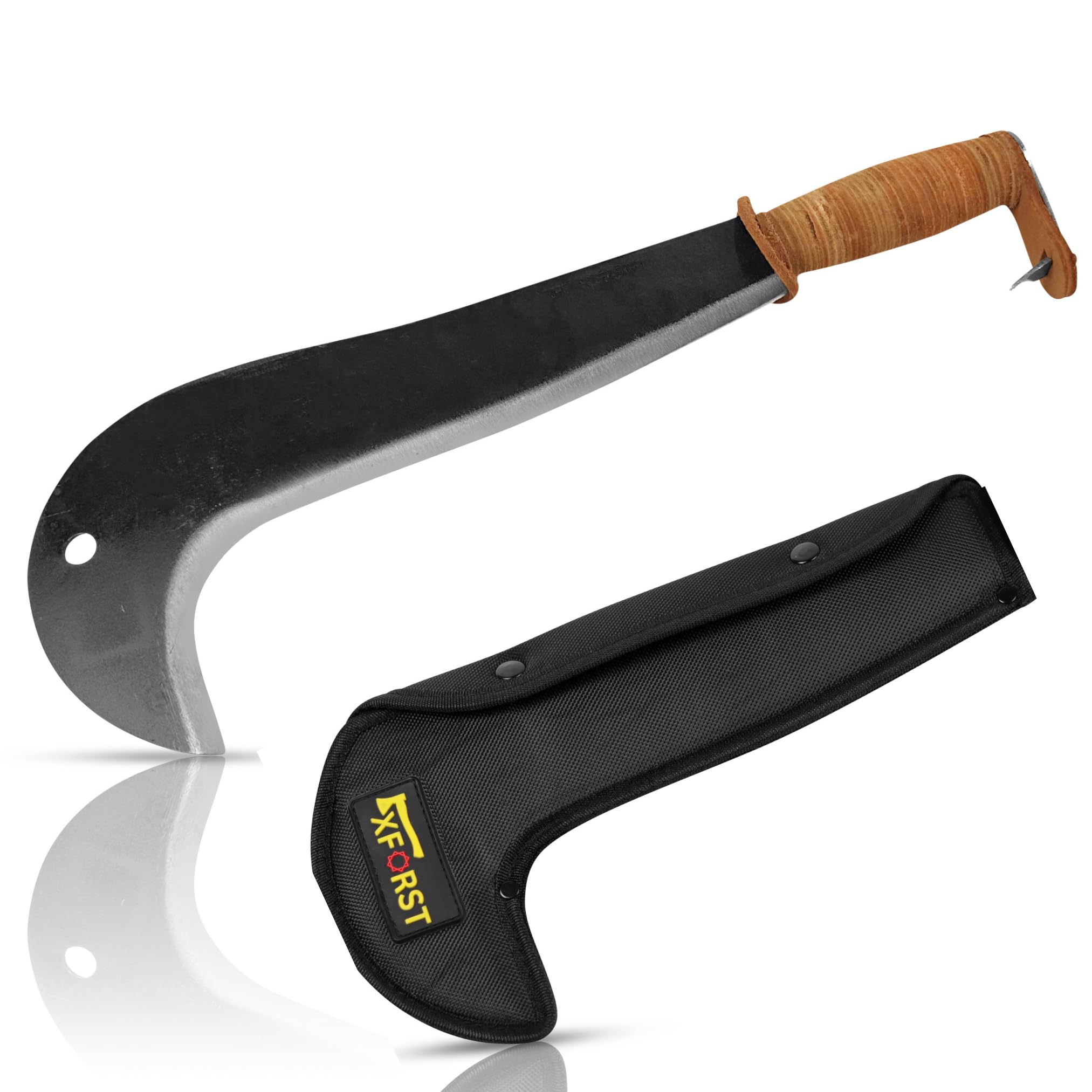 Xforst Schweizer Gertel mit Ledergriff – Gartenmachete Sichel Machete Handsichel & Hippe aus Stahl mit Korrosionsschutz, inkl. Schneidenschutz, für Garten, Outdoor & Bushcraft, 43 cm – SWS