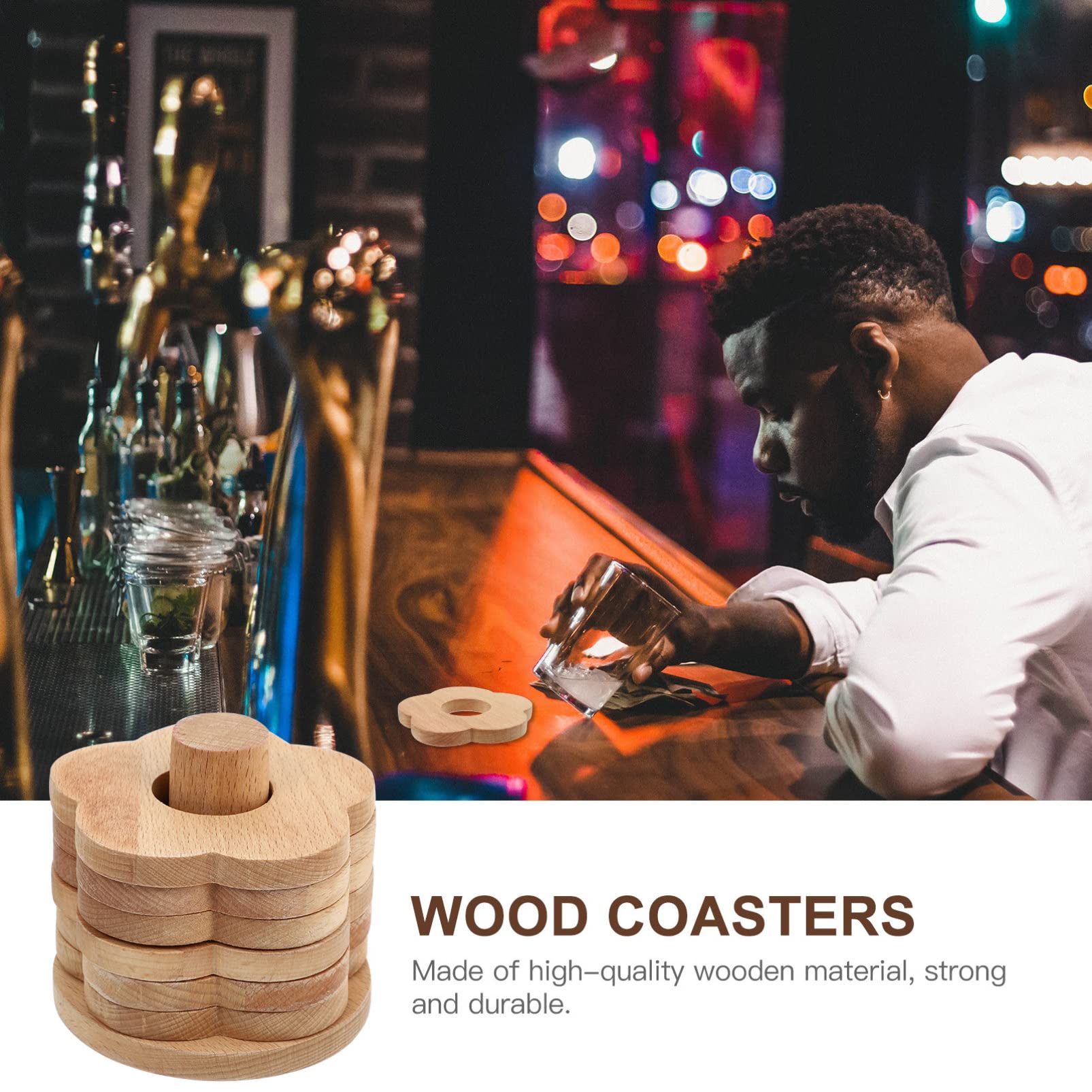 Posavasos de Madera en Forma de Flor, 7 Piezas, Khaki | Antideslizante y Diseño Grueso, para Copas de Vino y Tazas de Té, Uso sobre Mesa