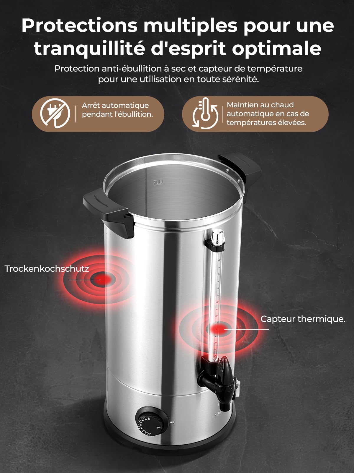 Distributeur de Boissons Chaudes et Vin 10L / 1500W, Autocuiseur Minuteur en INOX Chaud Protection Contre La Surchauffe, 30 à 110 °C, Chauffe-boissons, Appareil Chauffe d'Eau
