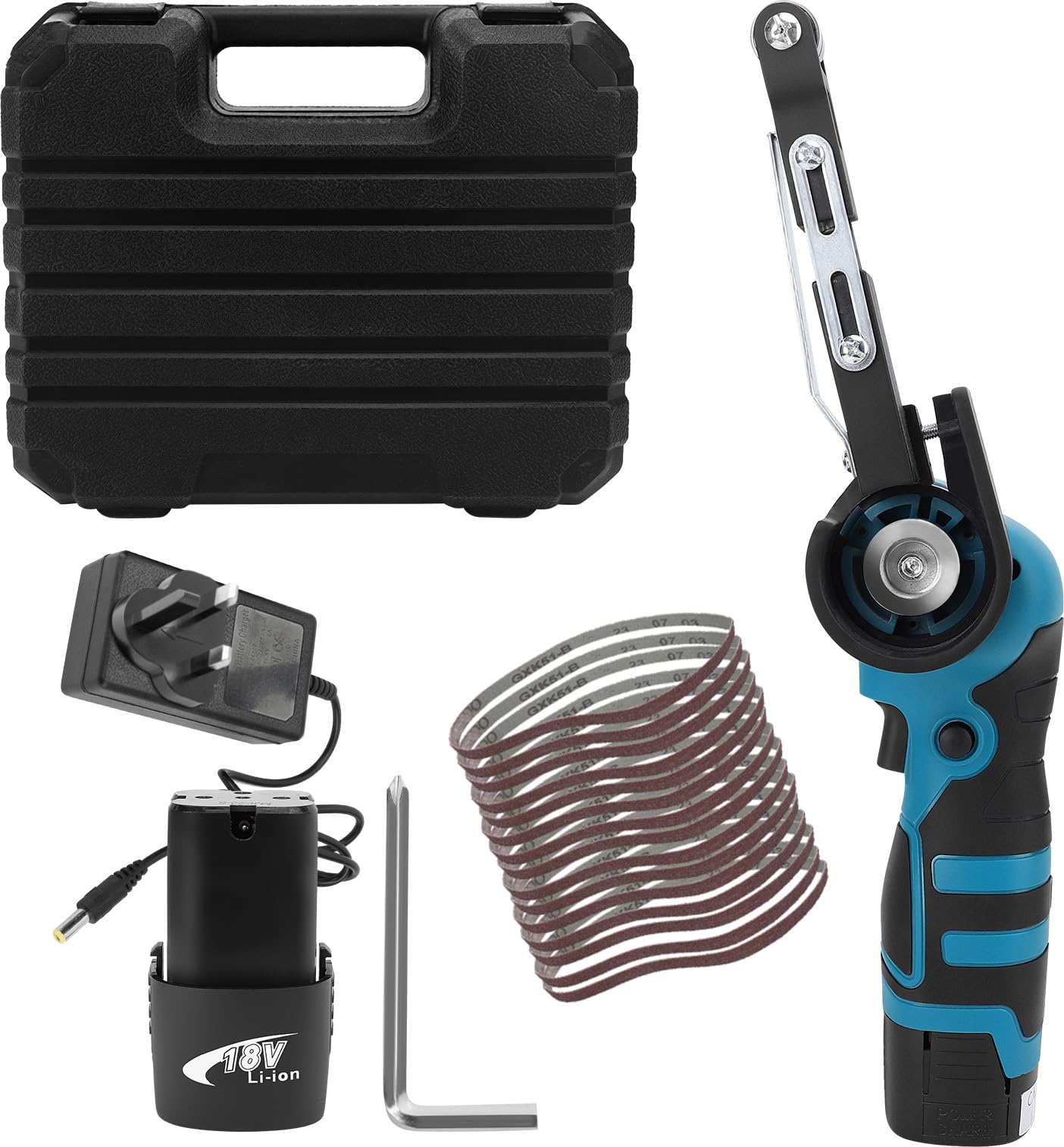 WODHMIEY Cordless Belt Sander 16.8V Electric File with 1 Batteries & 15 Sanding Belts 80–1000 Grits Adjustable Angle Powerful Motor, for Wood Metal DIY Furniture Car Parts Detail Grinding in Blow Case