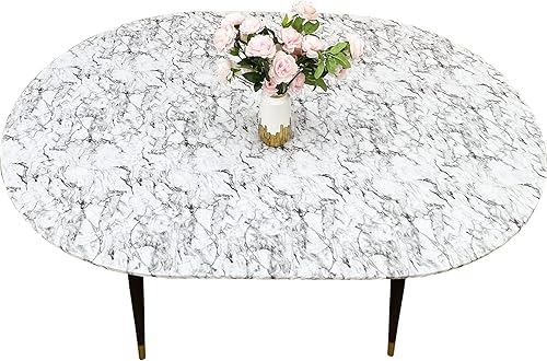 LIBERECOO Mantel ovalado de vinilo con borde elástico ajustable con reverso de franela, patrón de mármol blanco, funda de mesa impermeable y