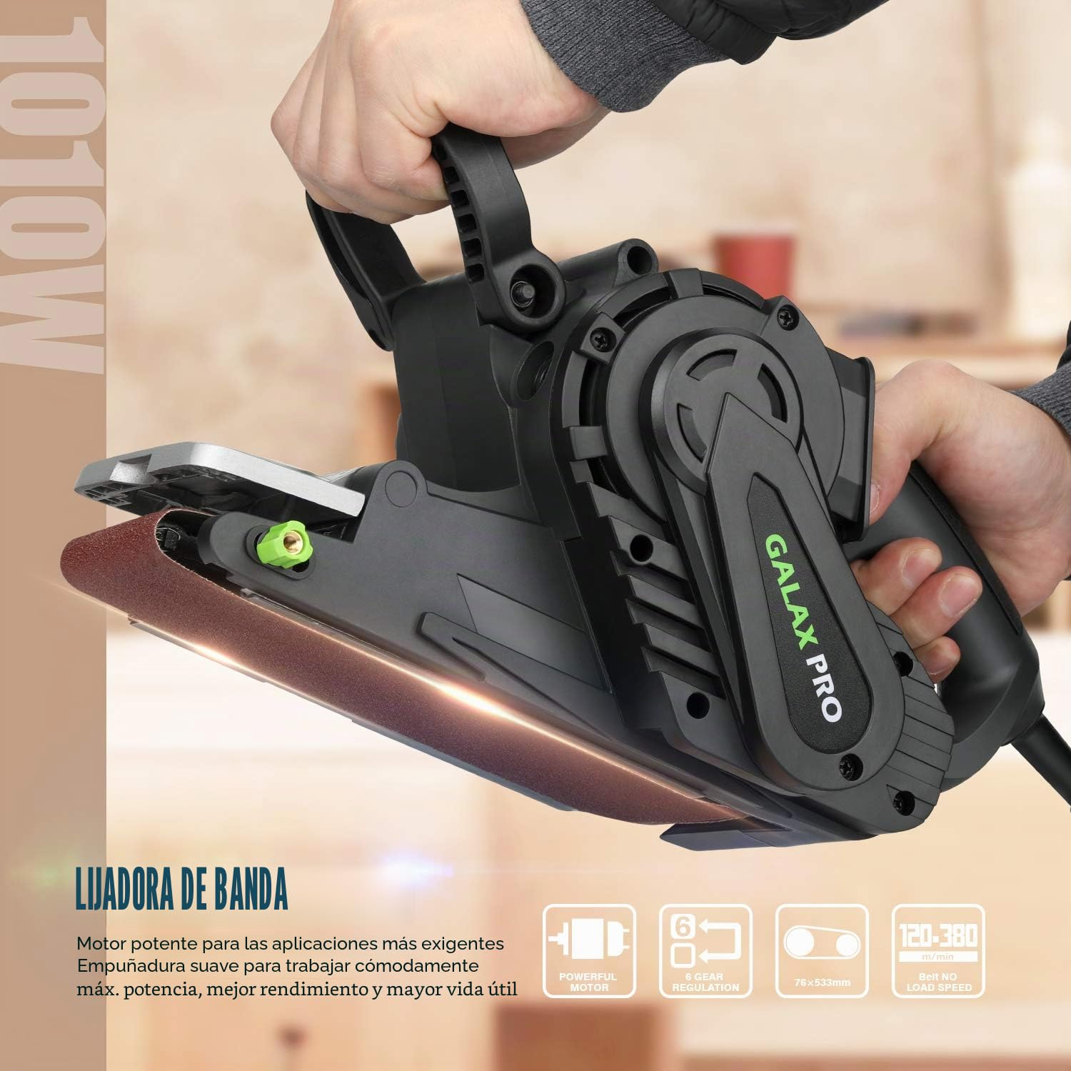 GALAX PRO Lijadora de banda con control de velocidad y conexión para aspiradora, incluye bolsa para el polvo y cinta abrasiva, lijadora de 1010W con superficie de lijado de 533 mmx76 mm