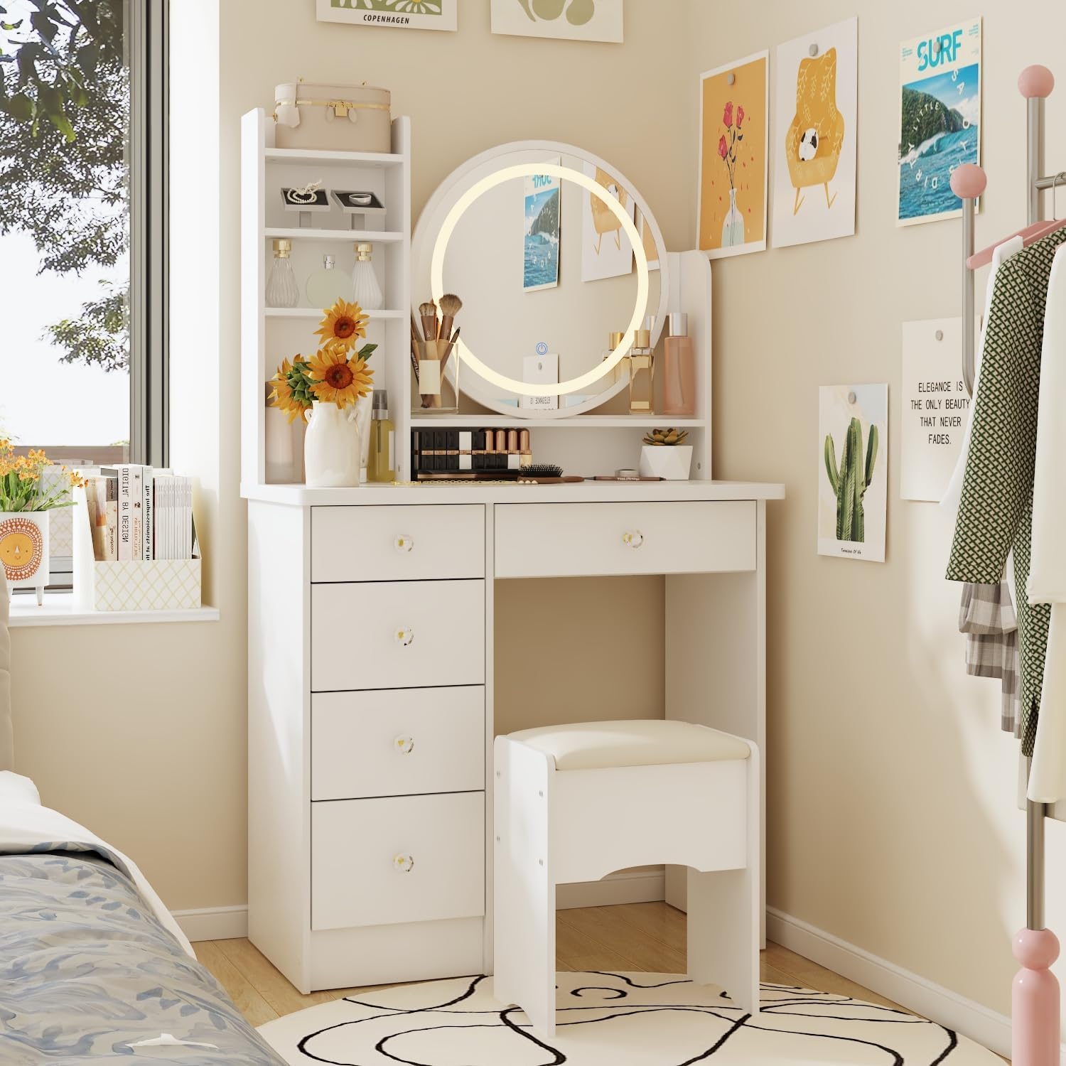 Hitow Vanity Desk Set with Lighted Mirror, Makeup Vanity with 5 Drawer & Shelf, Dressing Table with Touch Screen Light & Jewelry Organizer for Bedroom, White (Lighted Mirror)