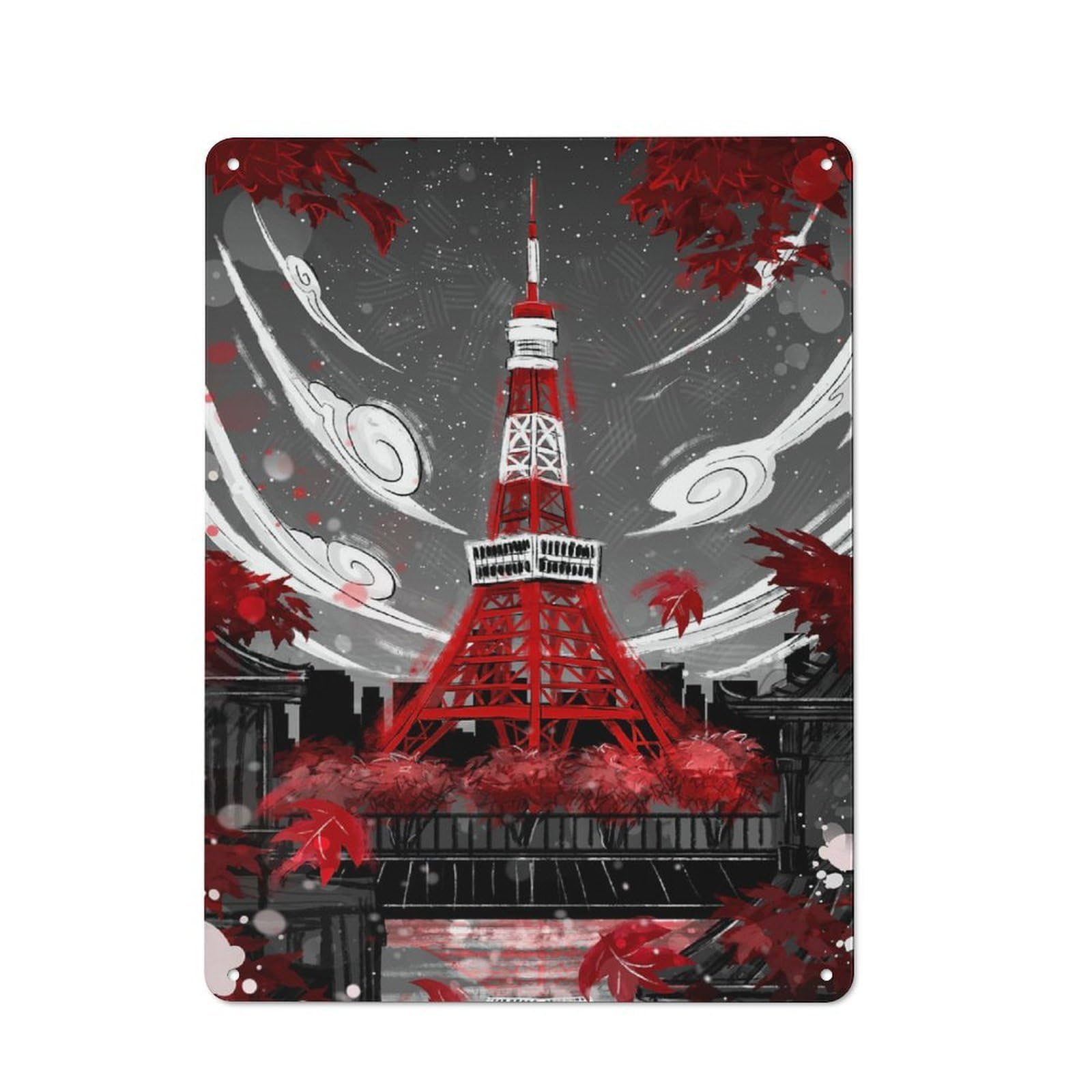 Junmoney Style-20 40X30cm Rustic Metal Wall Sign With Tokyo Tower In Red And Gray For Living Room Wall, Metal Sign Decor For Living Rooms And Feature Walls