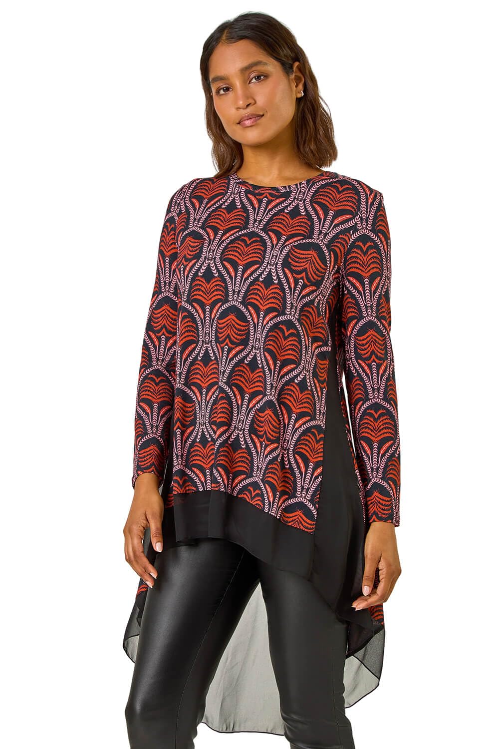 Roman Women's Red Chiffon Hem Printed Stretch Top Size 16