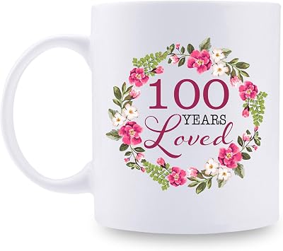 aiyaya 100th Birthday Gifts for Women - 100 Years Loved with A Garland Birthday Mug - 100 Year Old Present Ideas for Grandma, Mom, Sister, Wife, Friend, Cousin, Aunt, Coworker - 11 oz Coffee Mug