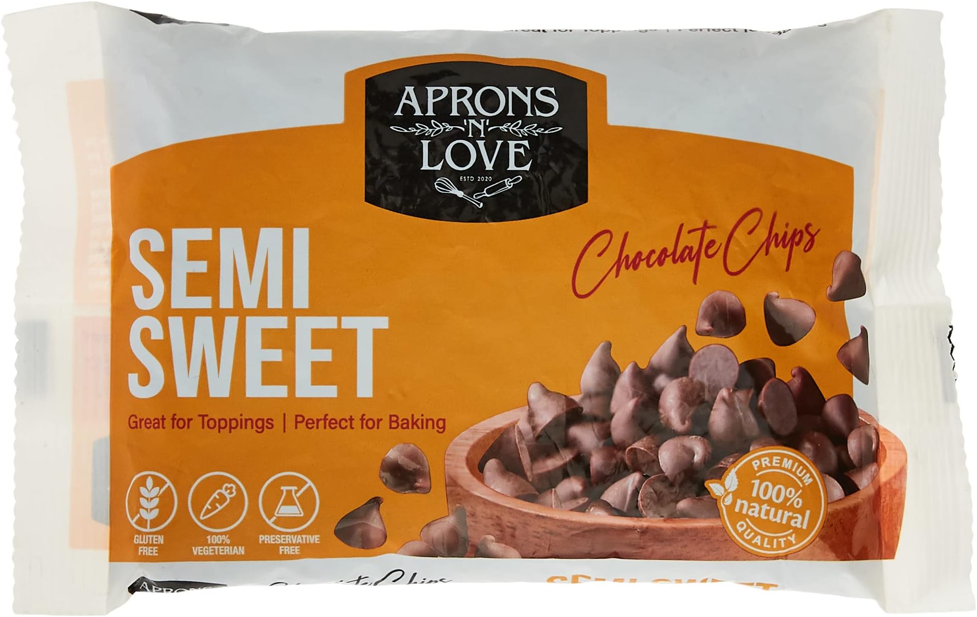 Aprons 'N' Love Semi-Sweet Chocolate Chips - Tasty and Healthy Chip Guest Serving Delicious Snacks Perfect for Baking Topping 200g