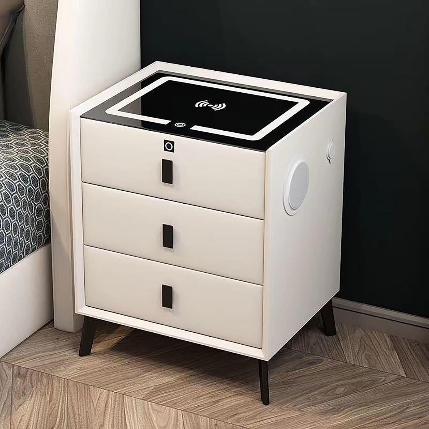 White, Smart Bedside Table with Fingerprint Reader and Wireless Charging Station, Speaker Modern Side Table, Nightstand with 3 Colors LED Lights, Home Decor Nightstand for Bedroom