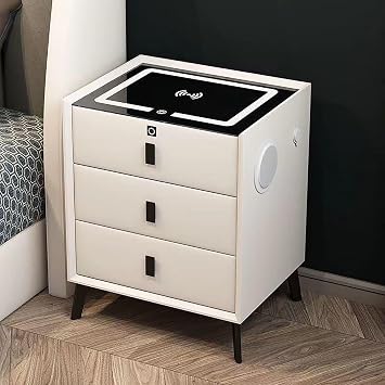 Smart Nightstand with 3 Drawers,LED Bedside Tables with Wireless Charging & USB Charging Station, Night Stand with Fingerprint Lock Drawer,Bedroom Furniture Small Spaces Side Endtable,Whit