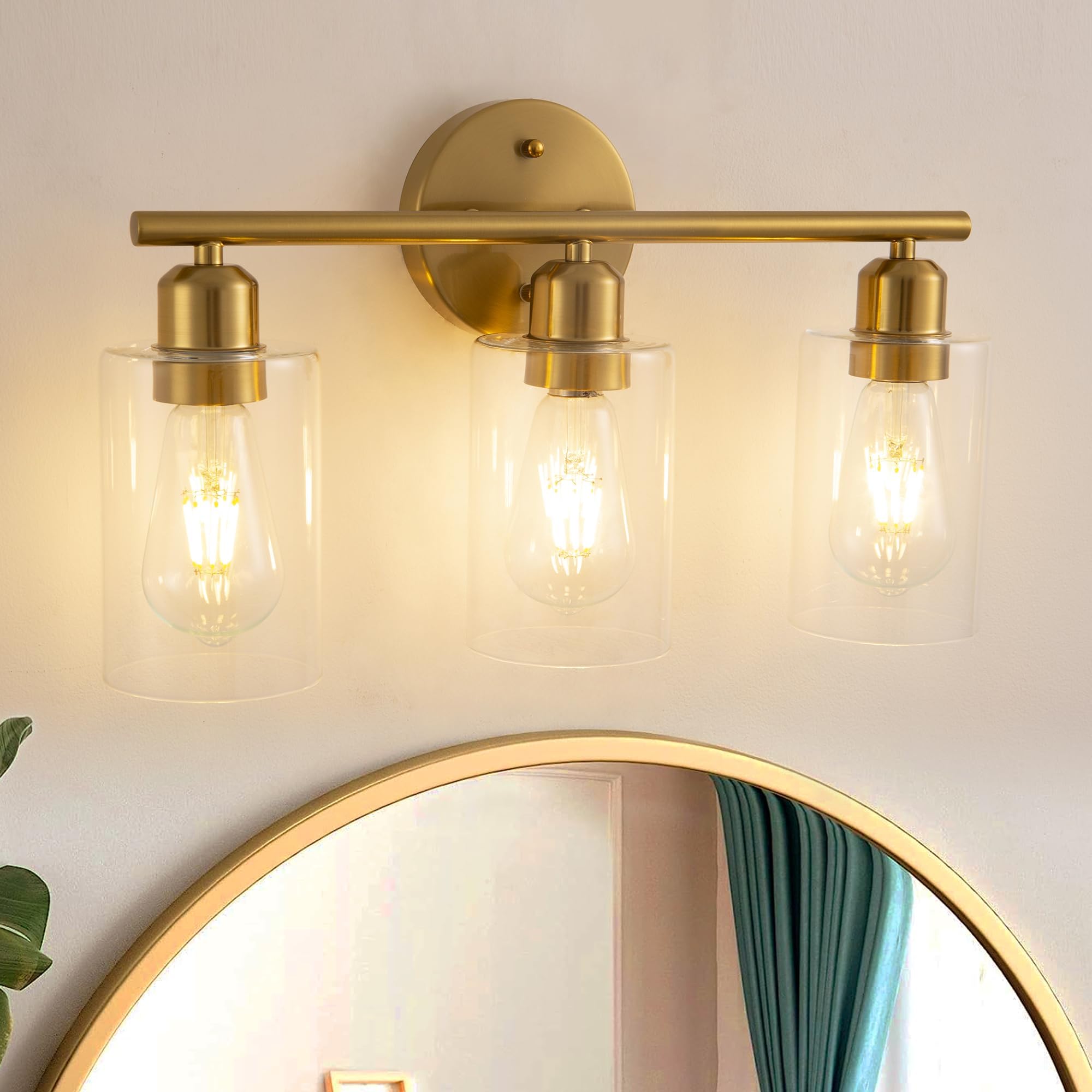 3-Light Gold Bathroom Light Fixtures, Brushed Brass Bathroom Vanity Light with Clear Glass Shade, Modern Wall Sconce Lighting for Hallway, Living Room, Bedroom