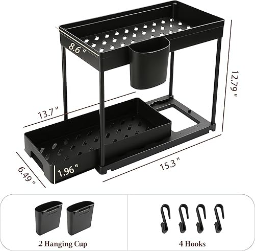 Miniatura 2 de Organizadores para debajo del fregadero y almacenamiento con alfombrilla debajo del fregadero, organizador de gabinete extraíble con ganchos y tazas