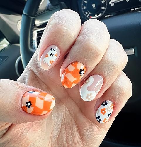 Miniatura 1 de Uñas postizas cortas a presión para Halloween, con tablero de ajedrez deformado, enrejado trenzado, diseño de flor fantasma, uñas postizas