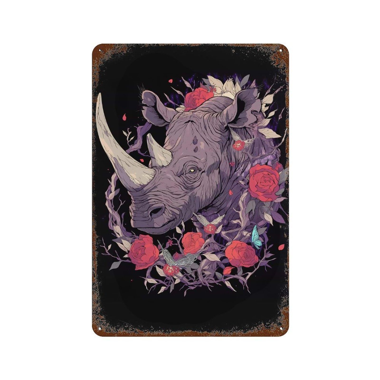 Vintage Rust Metal Sign with Floral Rhino Illustration on Black Background Design 11.8"x7.9", for Shed, Workshop And Garage Wall Decor, Classic Wall Plaque