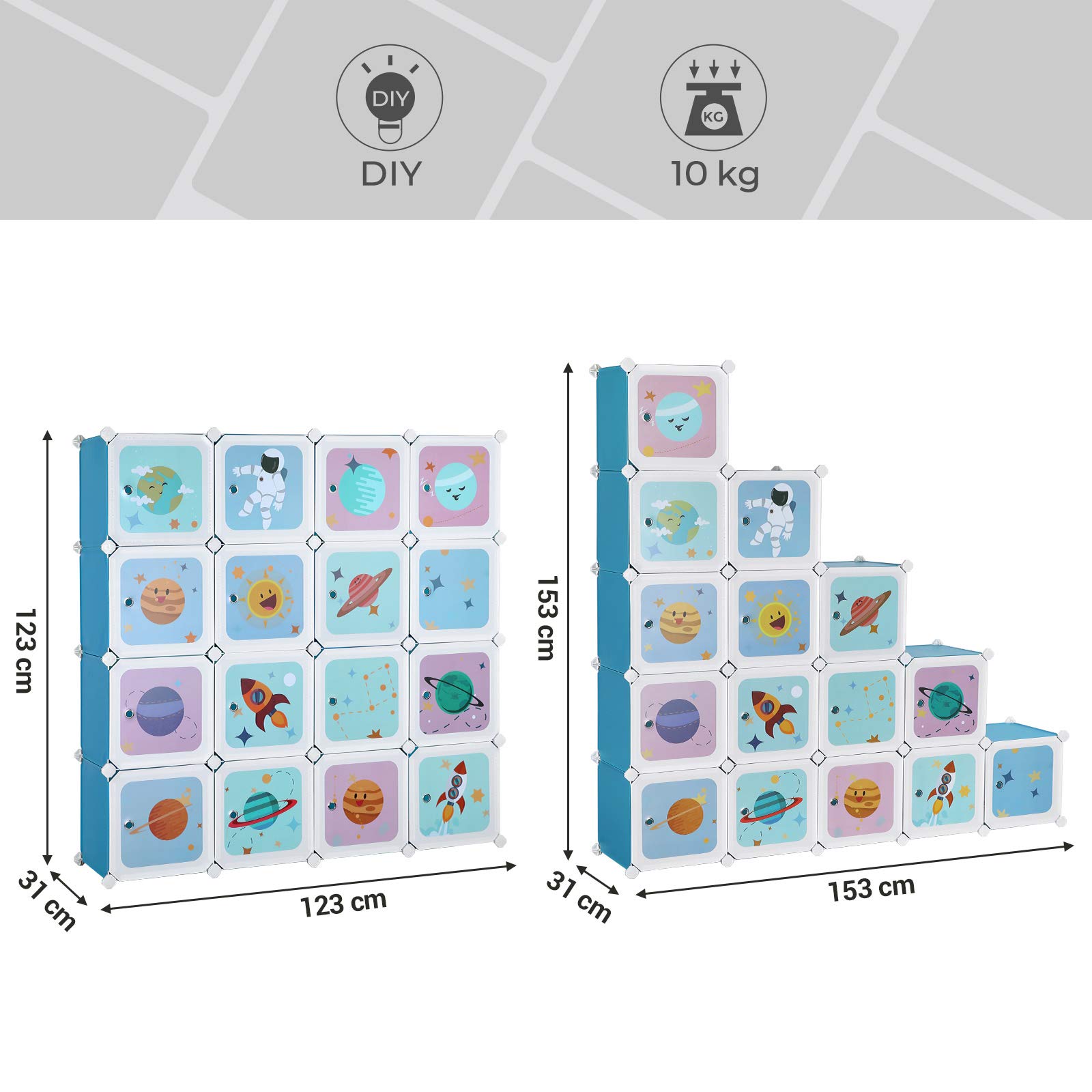 SONGMICS Regalsystem mit 15 Würfeln, Aufbewahrungsschrank für Kinder, Steckregal, Schuhregal aus Kunststoff, Kleiderschrank mit Türen, Mehrzweck, Schuhe, Spielzeug, 153 x 31 x 153 cm, blau LPC902Q01