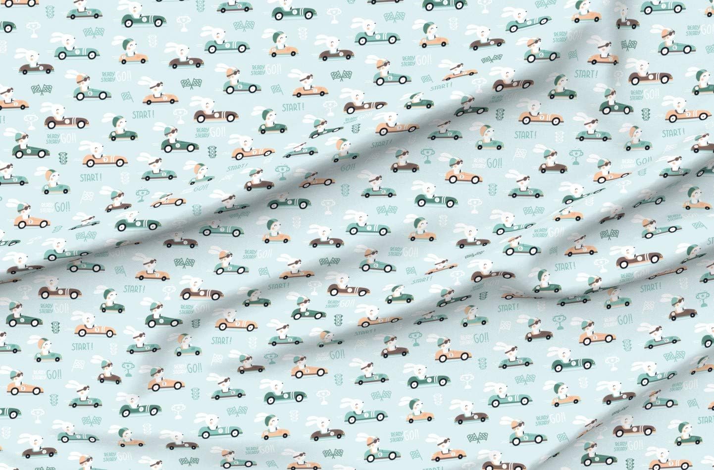 Spoonflower Fabric - Bunny Race Racing Retro Boys Cars Printed on Petal Signature Cotton Fabric by The Yard - Sewing Quilting Apparel Crafts Decor
