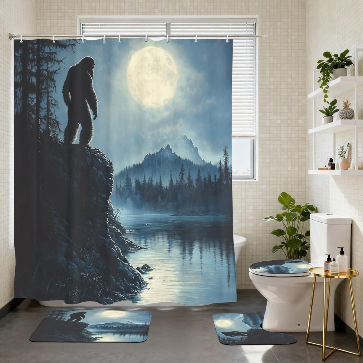 4 Piece Bigfoot Shower Curtain Set with Non-Slip Rugs, Toilet Lid Cover, Bath Mat Full Moon Lake Forest Night Sasquatch Bathroom Decor with 12 Hooks, 72 x 72 Inch