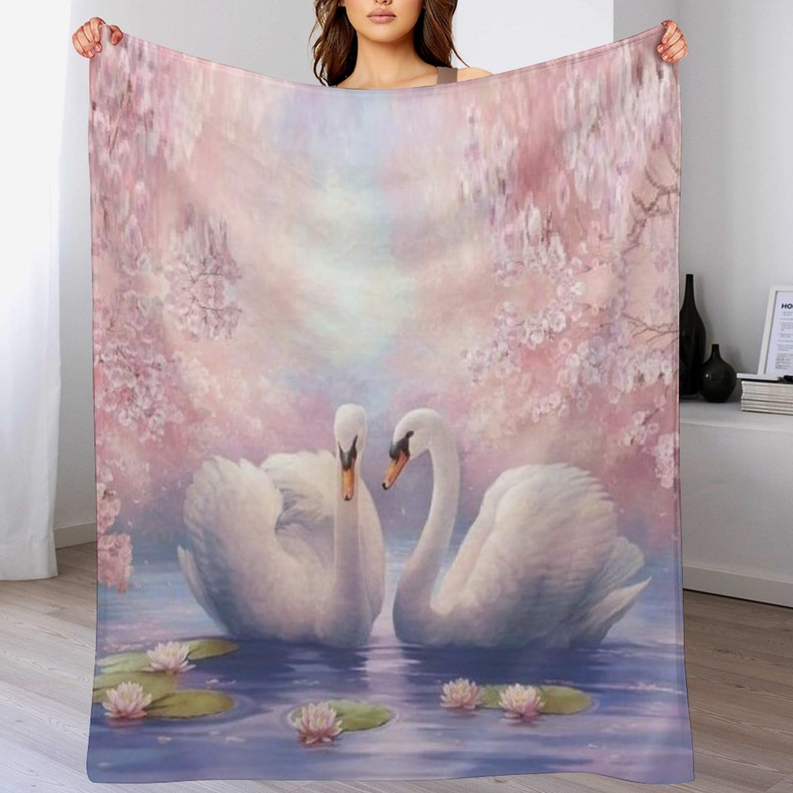 Couverture polaire cygne 130x180cm en tissu peluche extra doux pour lit et canapé