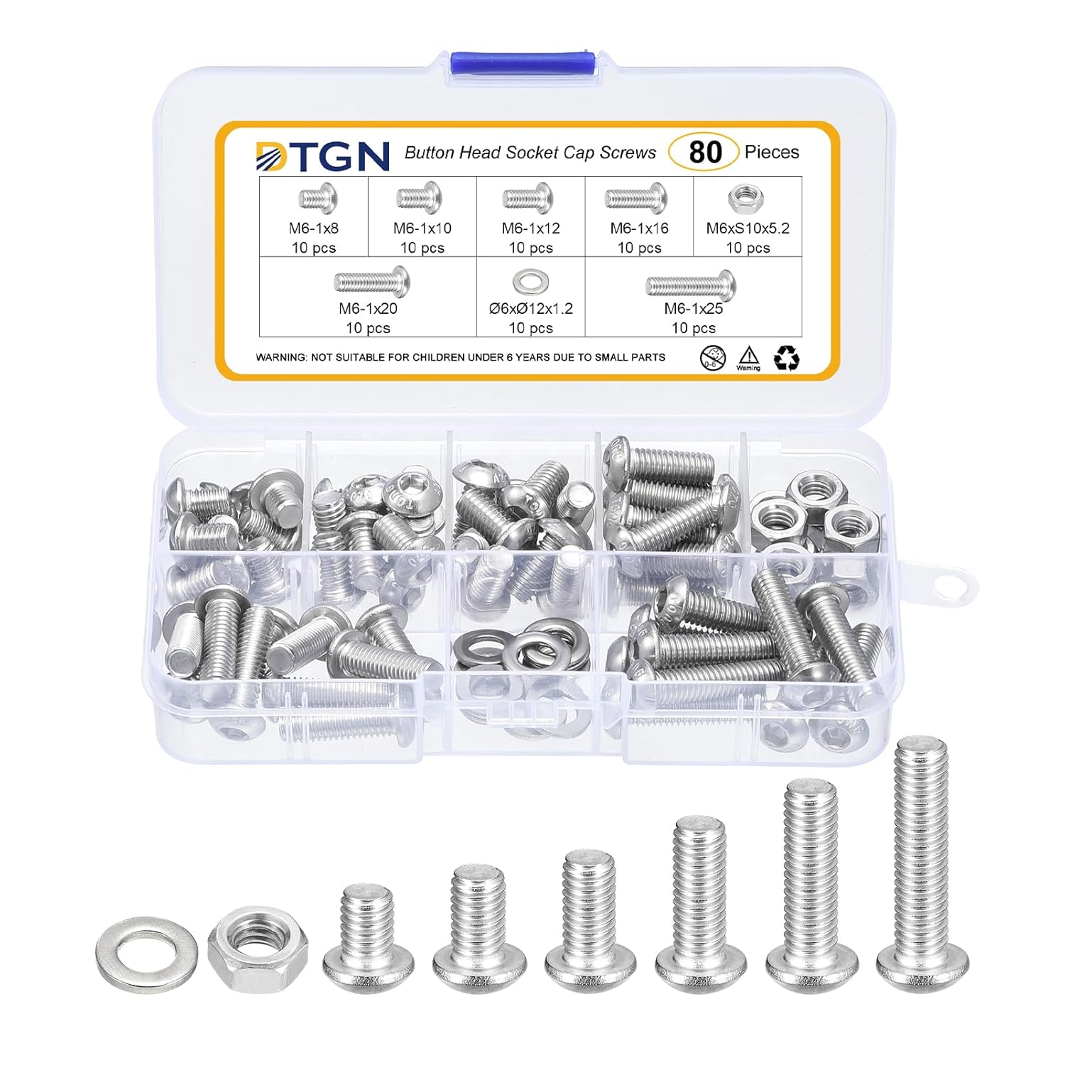 DTGN 135Pcs M8-1.25x16/20/25/30/40mm Button Head Socket Cap Screws - 304 Stainless Steel Bolt Nut Set Washer Assortment Kit - Good for Road Bicycle, Mountain Bike, Auto