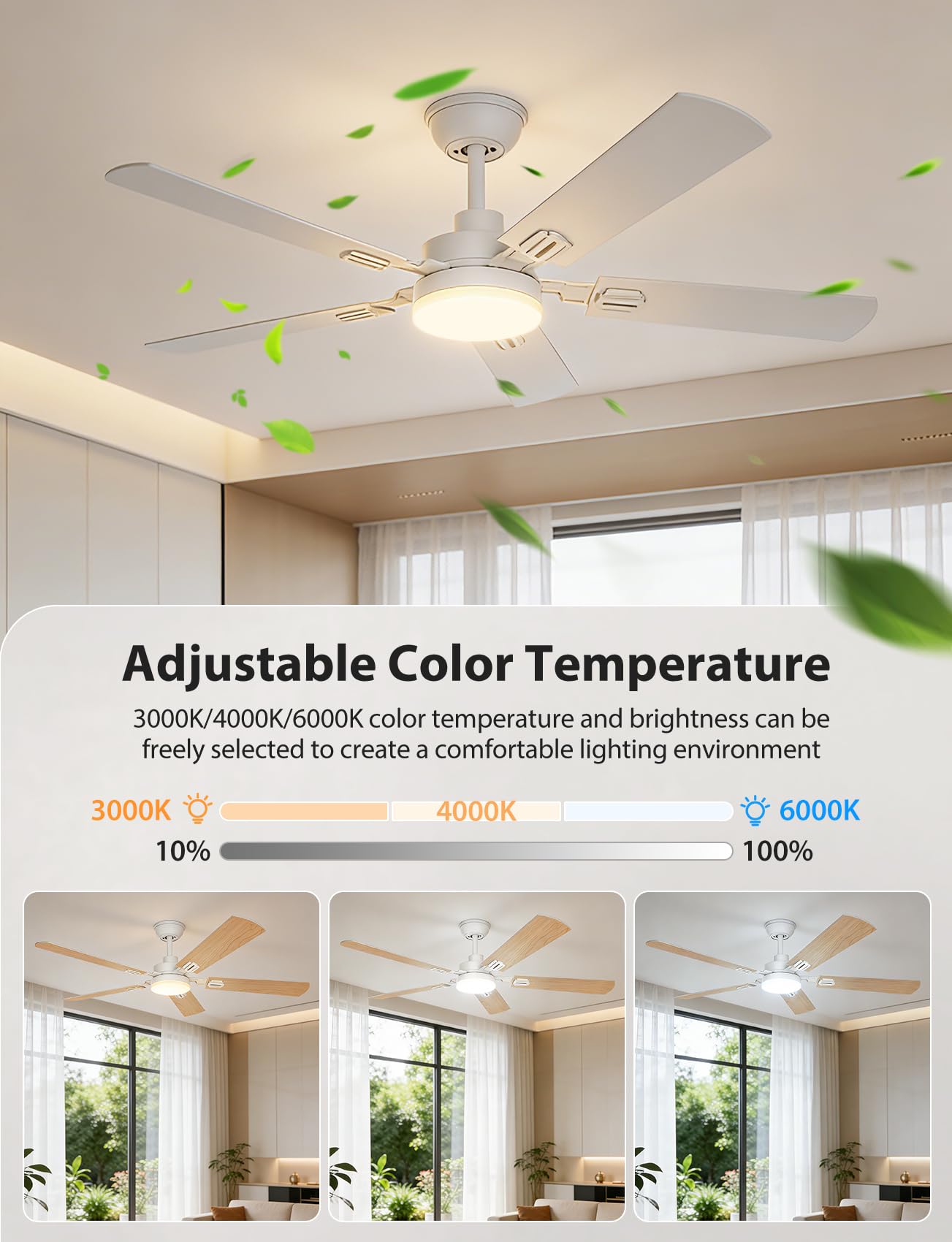 Aigostar Ventilador de Techo con Luz Silencioso 52″, Motor DC Reversible 33W, Mando a Distancia, 6 Velocidades, 3000K/4000K/6000K Regulable, Ideal para Dormitorio, Sala o Cocina. Ø132 cm