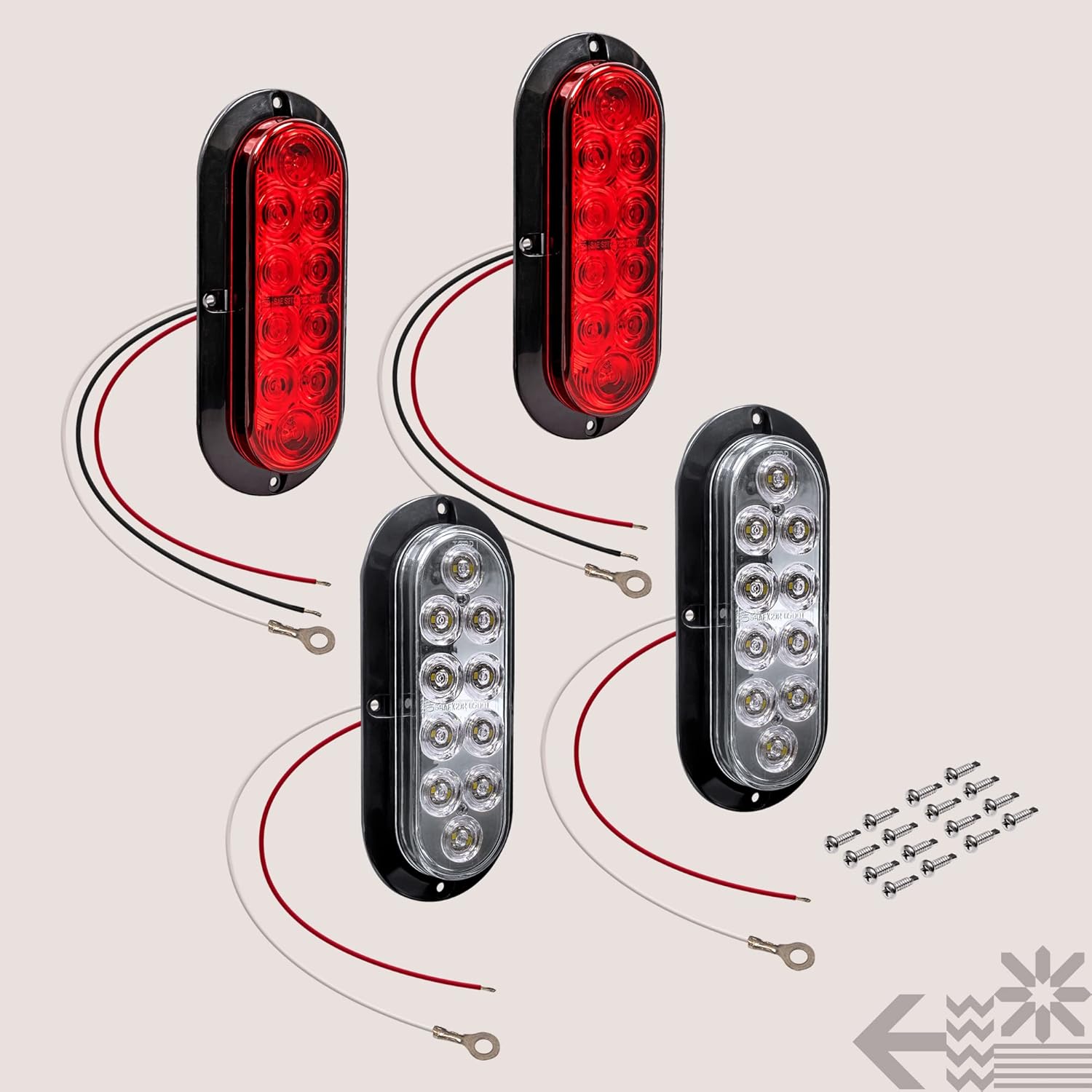 TRUE MODS 2 Red + 2 White 6 inch Oval LED Trailer Tail Light Kit [Surface-Mount] [DOT FMVSS 108 & SAE] [IP67 Waterproof] Stop Brake Turn Reverse Back Up Trailer Lights for RV Flat Bed Truck