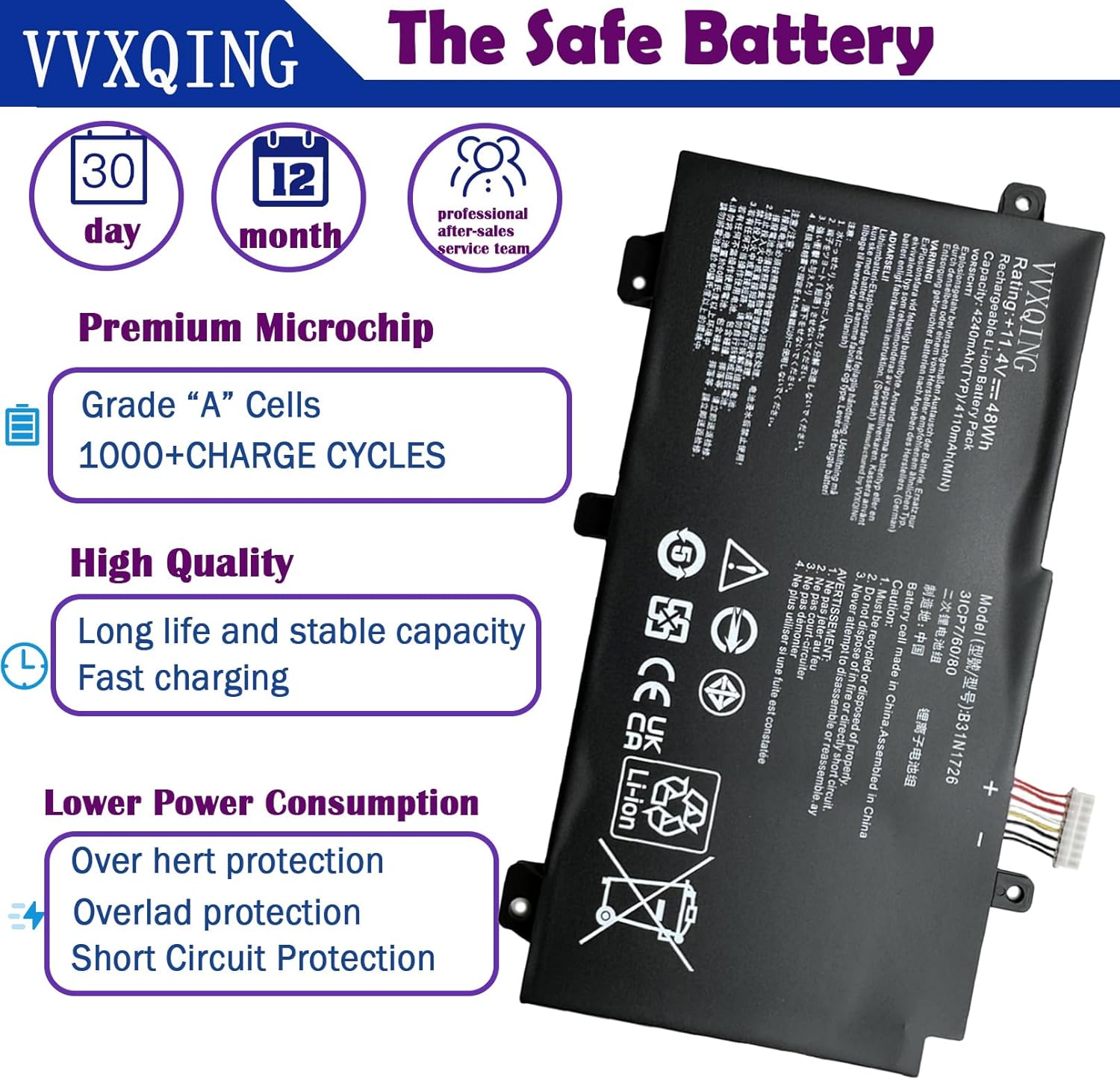 VVXIQNG B31N1726 48Wh Battery Replacement for Asus TUF Gaming FX505DY FX505DT FX505DV FX505DU Series A17 FA706II A15 FA506 FA506IH FA506IU Series FX86 FX86FE FX86FM Series 11.4V 4110mAh-ae1xx