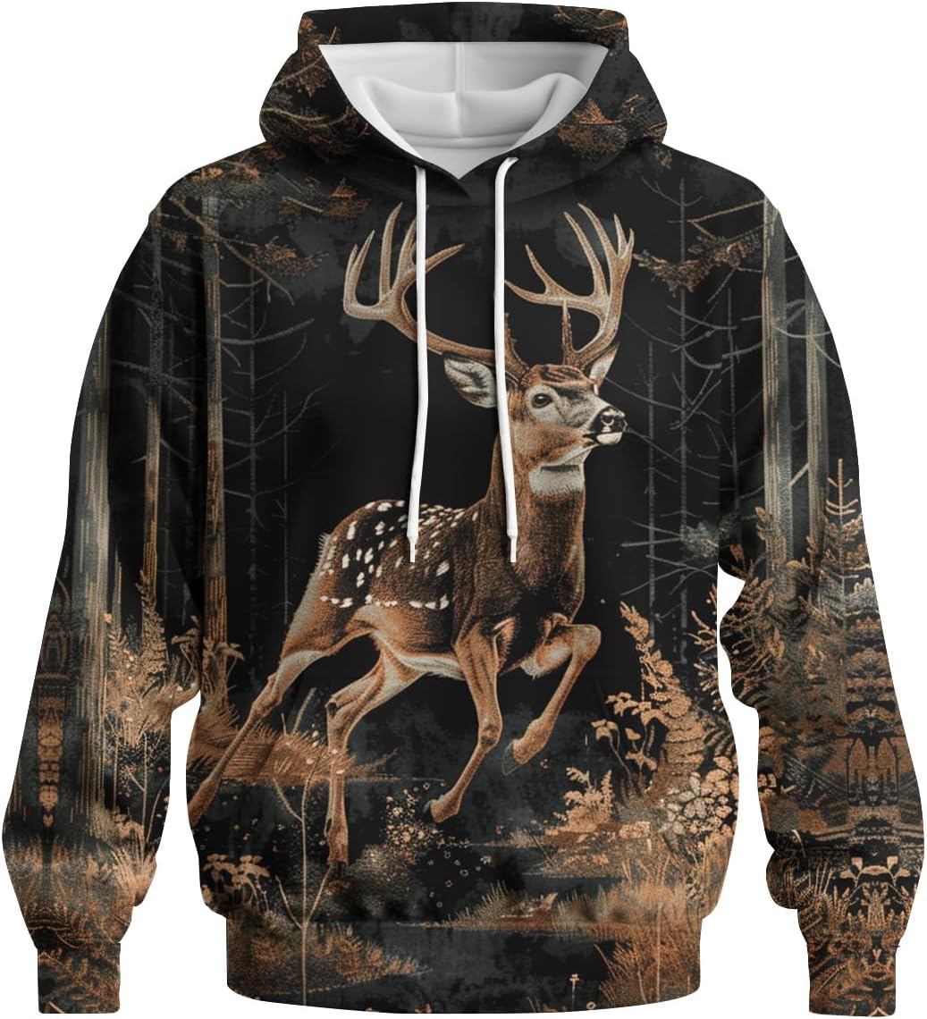 Casual Deer Hoodies for Men Novelty Animal Printed Sweatshirt Pullover Camouflage Long Sleeve