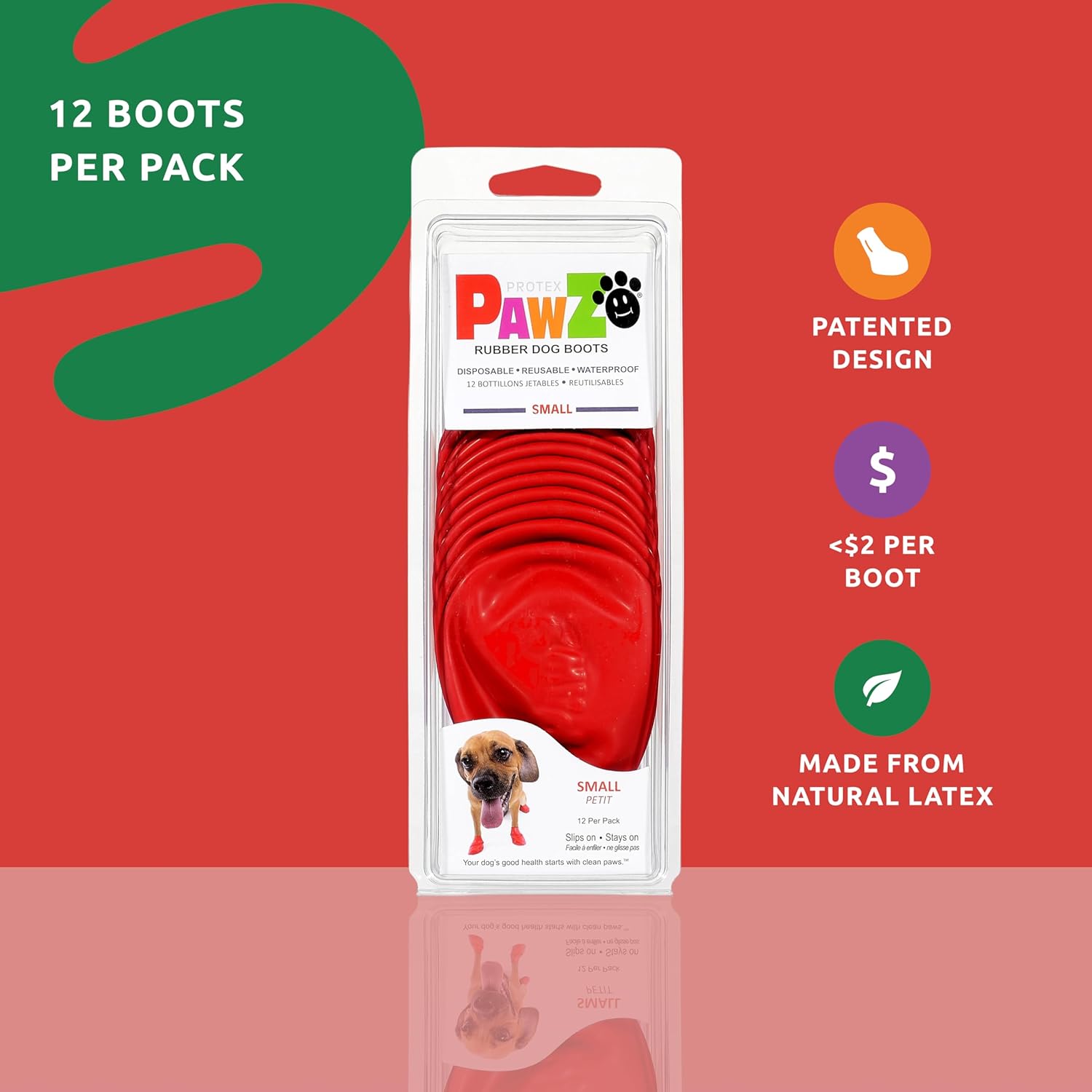 PawZ Rubber Dog Boots for Small Paws - All-Weather Waterproof Dog Shoes, Anti-Slip Traction for Rain, Snow, Mud & Hot Pavement - Pull-On Dog Booties, Red - Small (2"-2.5") - Pack of 24
