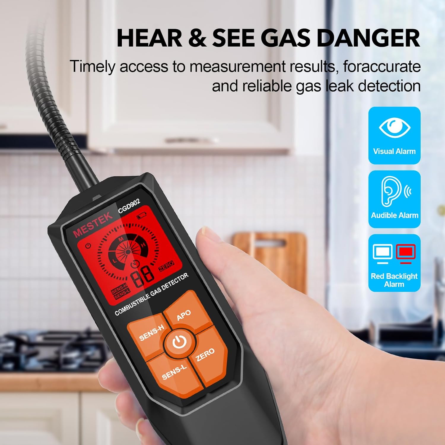 A hand holding the MESTEK CGD902 Gas Detector, showing its LCD screen with visual and audible alarm indicators, and a red backlight, signifying a gas detection.