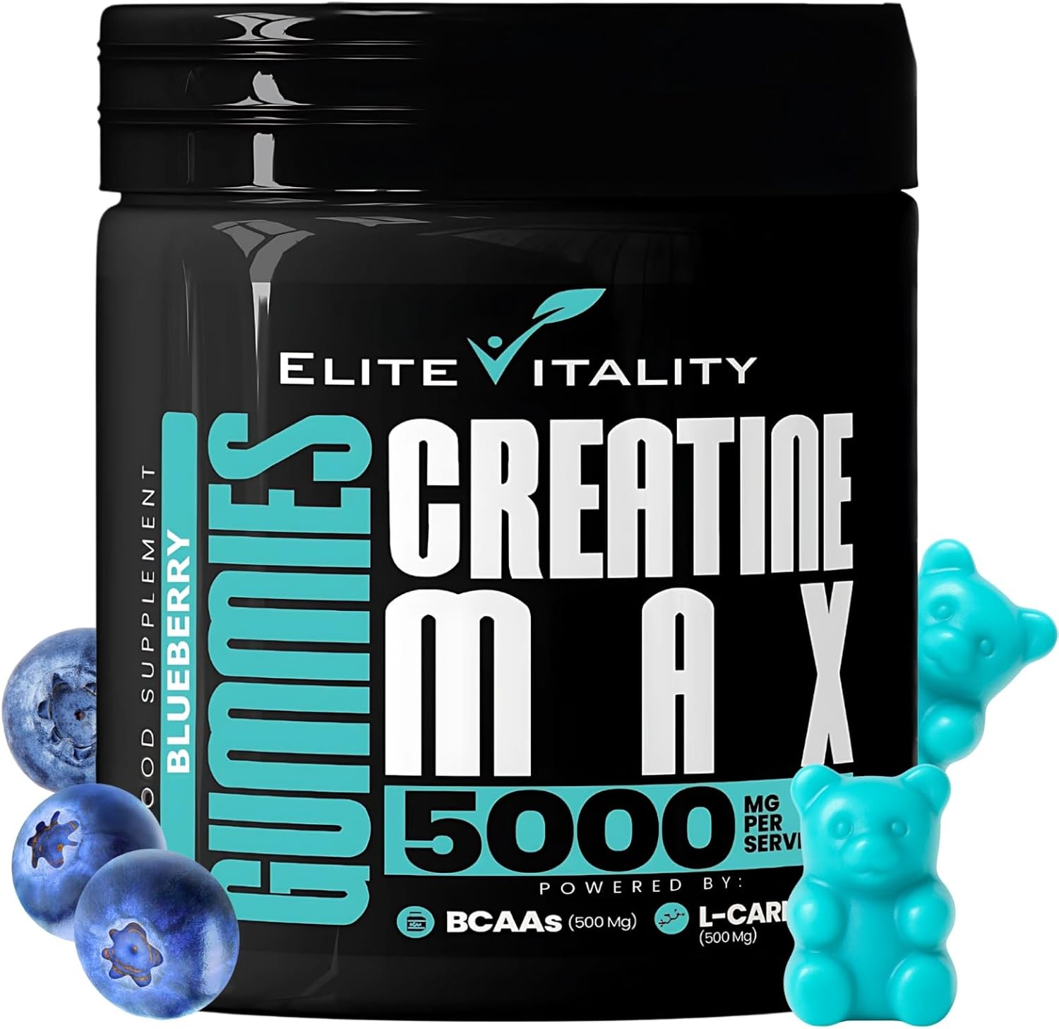 Creatine Monohydrate 90 Gummies 5000mg + BCAAs & L-Carnitine – 3rd Party Lab Tested, Vegan, Sugar-Free, Pre Workout Muscle Growth & Recovery Gym Supplement for Men & Women – Delicious Blueberry