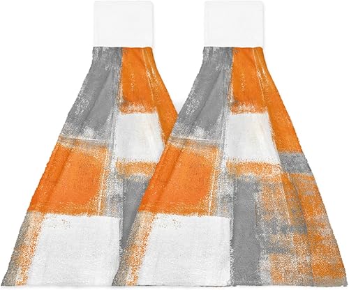 Ldtrchee Juego de 2 toallas de mano geométricas color naranja quemado con lazo para colgar pintura al óleo arte abstracto gris para colgar toalla