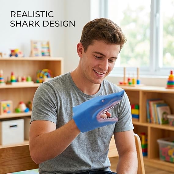 Shark Hand Puppet, Blue Shark Puppet Tool with Movable Mouth, Interactive SharkTool for Storytelling and Role Play, Soft SharkHeadPuppet for Educational Play and Creative Activities
