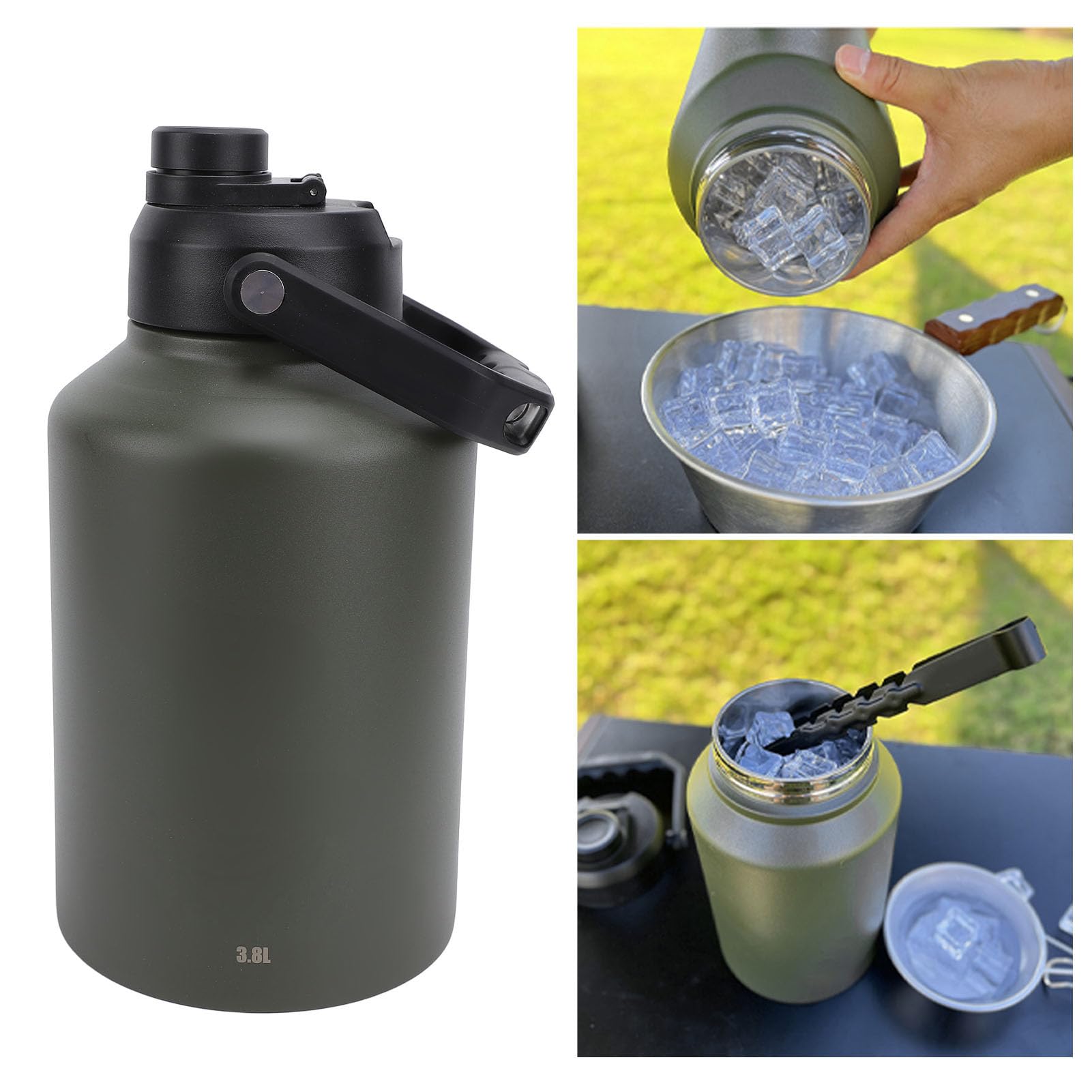Edelstahl-Wasserflasche mit Großem Fassungsvermögen, 3,8 L, Vakuumisolierte Wasserflasche, Weithalsflasche mit Stabilem Griff und TPR-, Ideal für Fitnessstudio, Training, Camping (OD Grün)